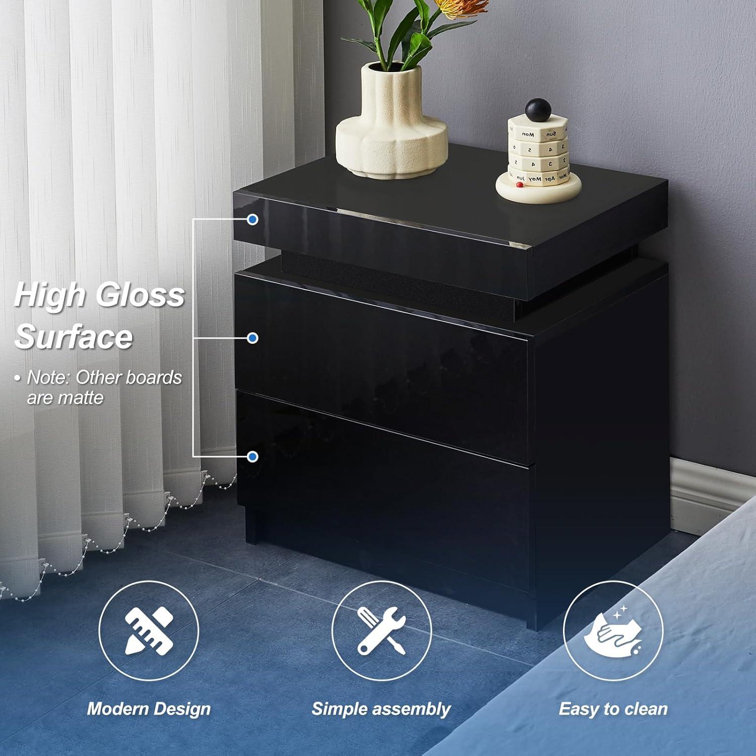 White High Gloss 3-Drawer Nightstand with LED Lights