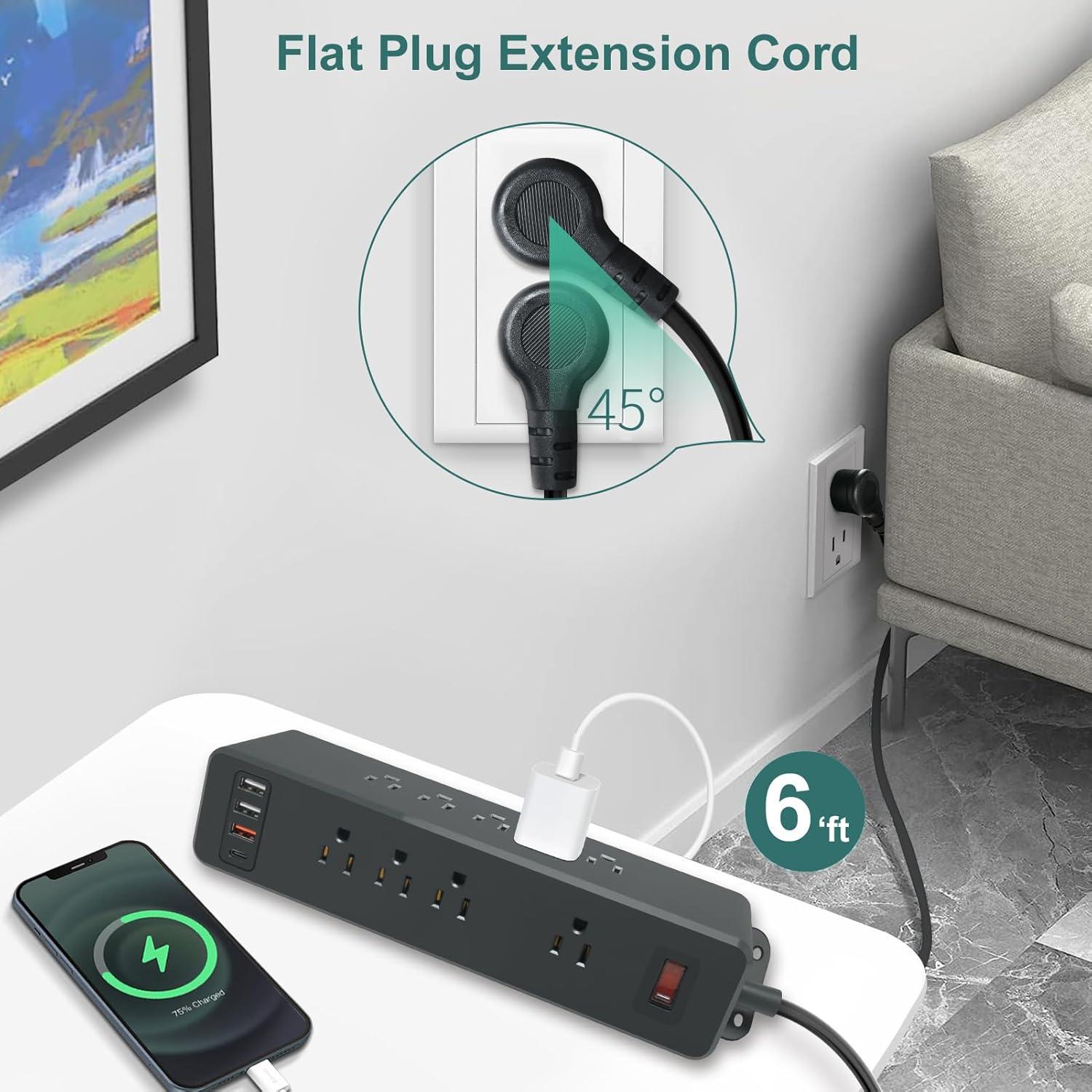 9 Outlets Wall Mount Power Strip with USB C PD, Triangle Double Side Outlet Extender Strip Fast Charge USB-A Ports & 1 PD USB C Port Flat Plug Mountable Desk Charging Station for Office Home Dorm