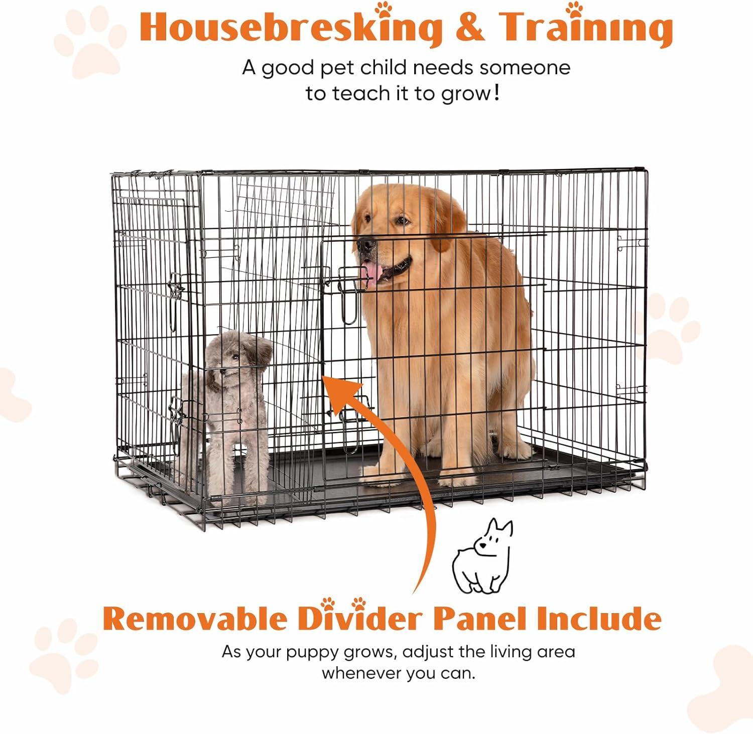 EDX Big Dog Crate with Divider Panel, 48 Inch Double Door Folding Metal Wire Dog Cage with Plastic Leak-Proof Pan Tray