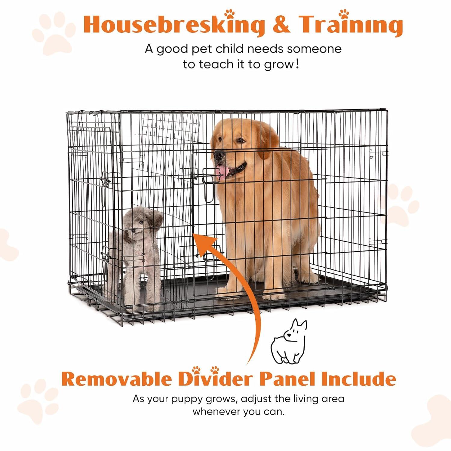 EDX Big Dog Crate with Divider Panel, 48 Inch Double Door Folding Metal Wire Dog Cage with Plastic Leak-Proof Pan Tray