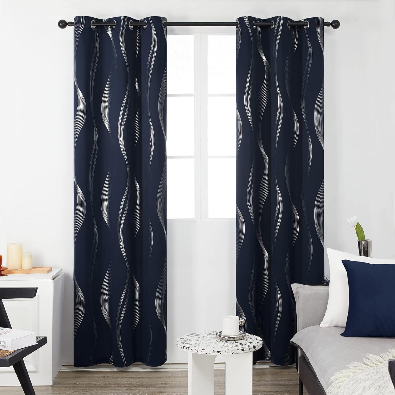 Deconovo Grommet Wave Line Foil Printed Thermal Insulated Blackout Curtains for Children 2 Panels 52x84 inch Navy Blue