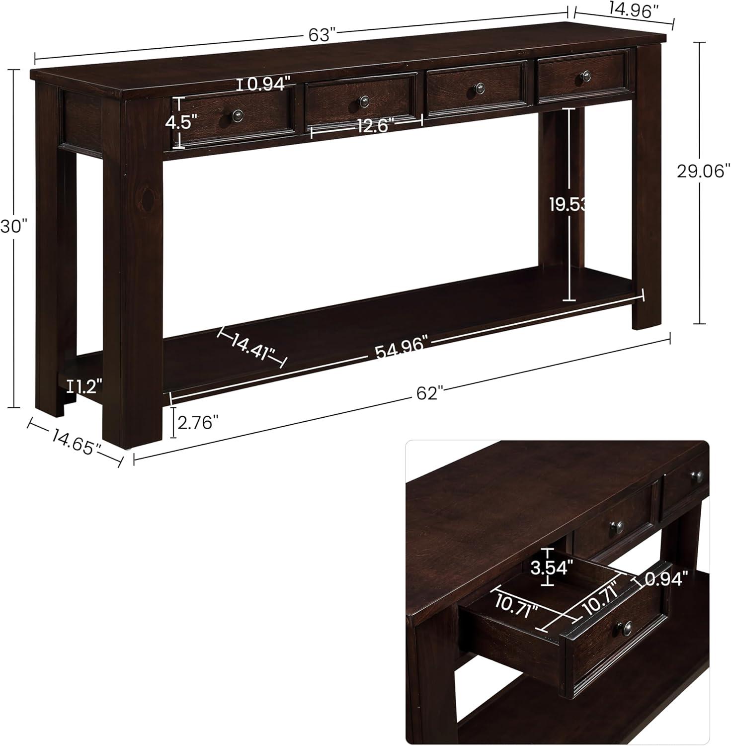 Espresso Pine Wood Console Table with Storage Drawers and Shelf