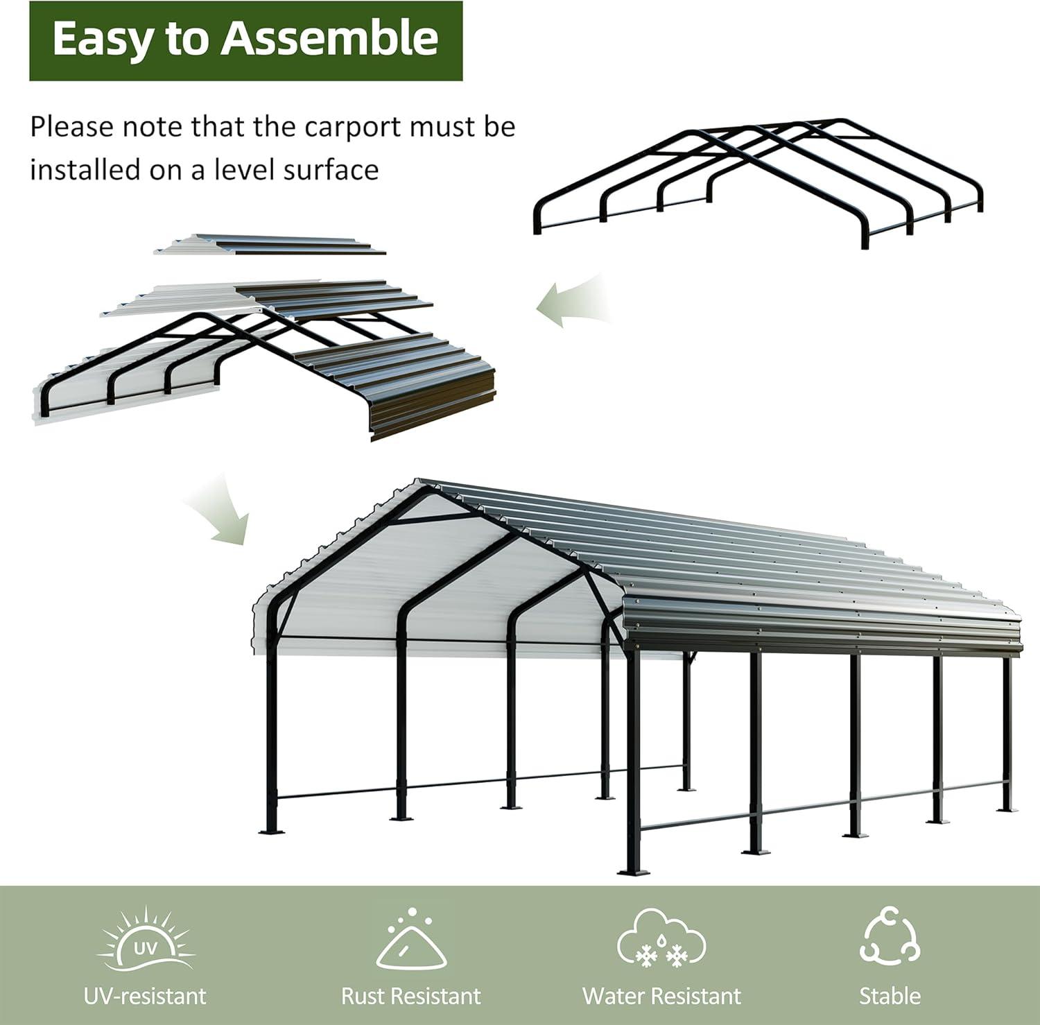 12' x 20' Gray Metal Carport with Galvanized Steel Roof