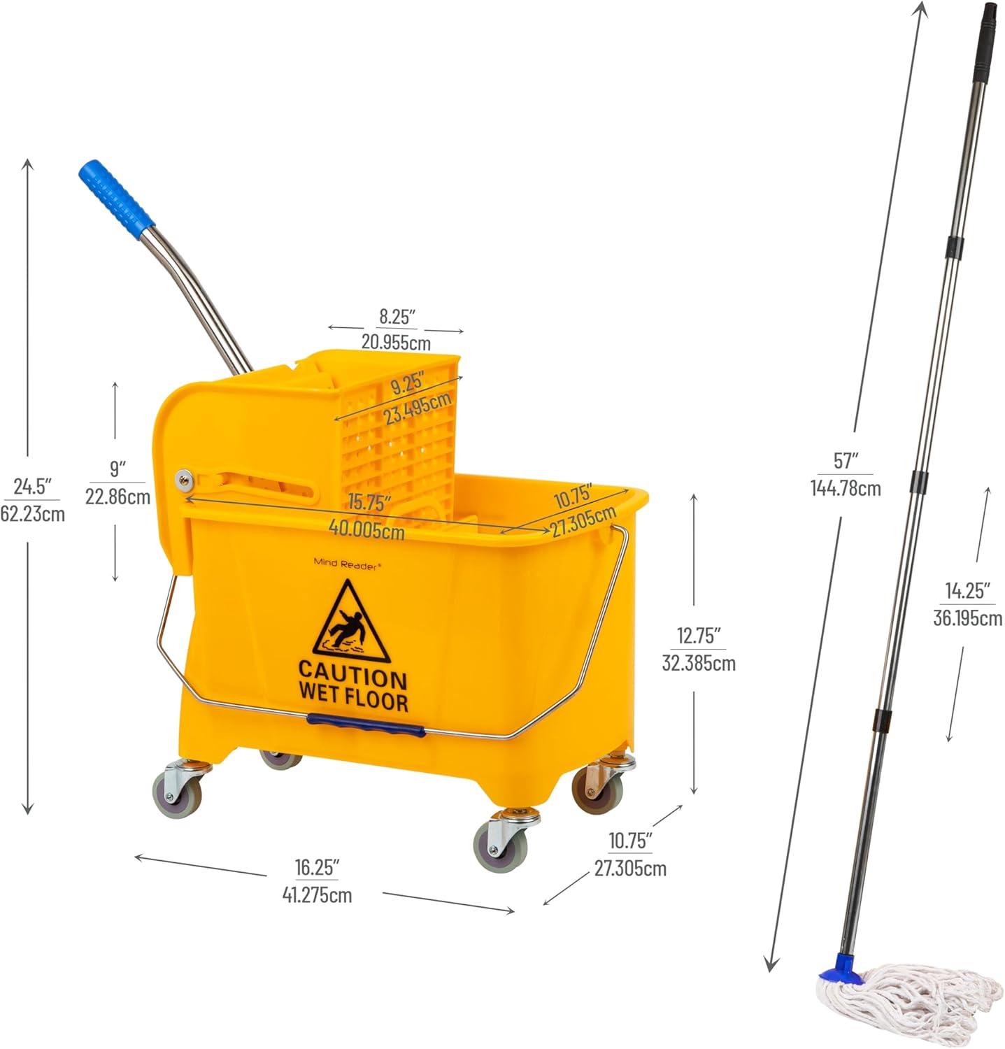 Yellow Polyethylene Mop Bucket with Wringer and Wheels, 22 Qt