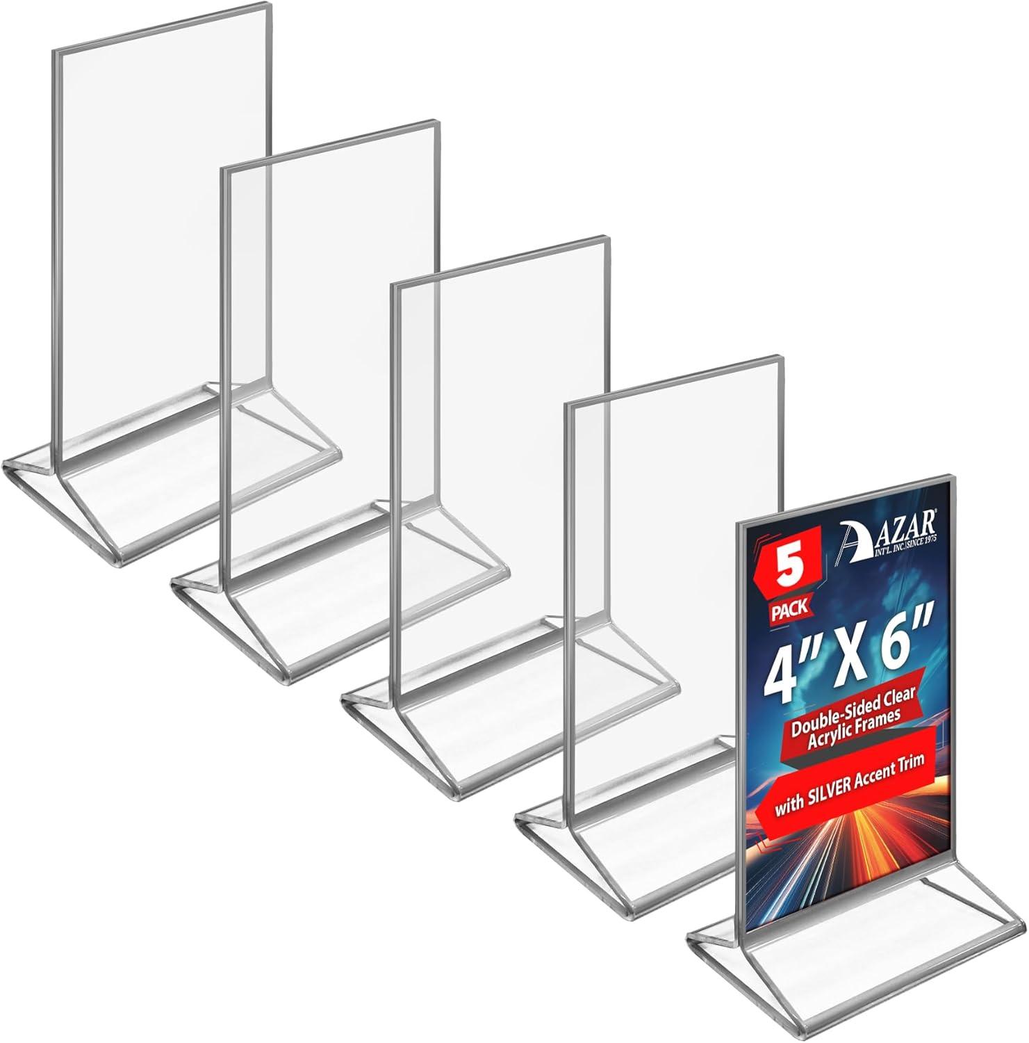 Azar Displays Double-Sided Clear Acrylic Frames with Silver Accent Trim 4" Wide x 6" High, 5 Pack