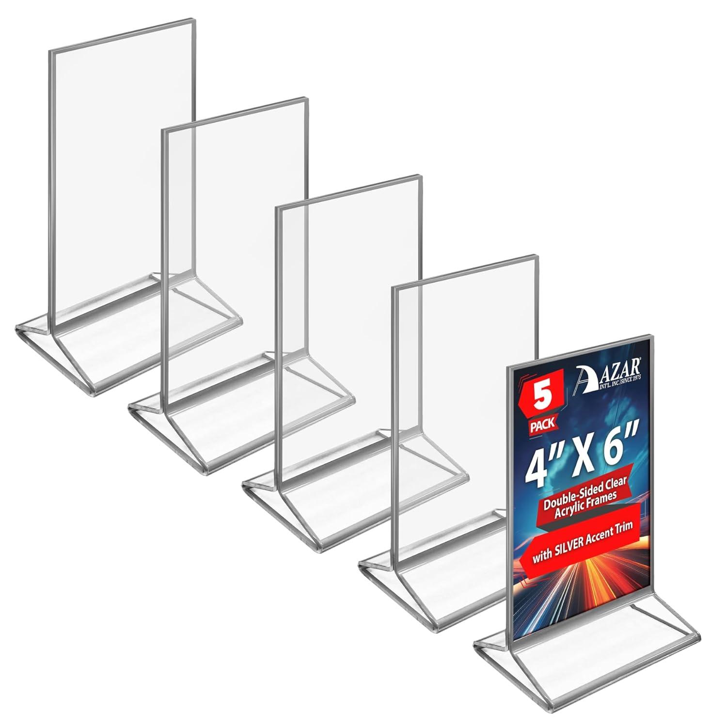 Azar Displays Double-Sided Clear Acrylic Frames with Silver Accent Trim 4" Wide x 6" High, 5 Pack