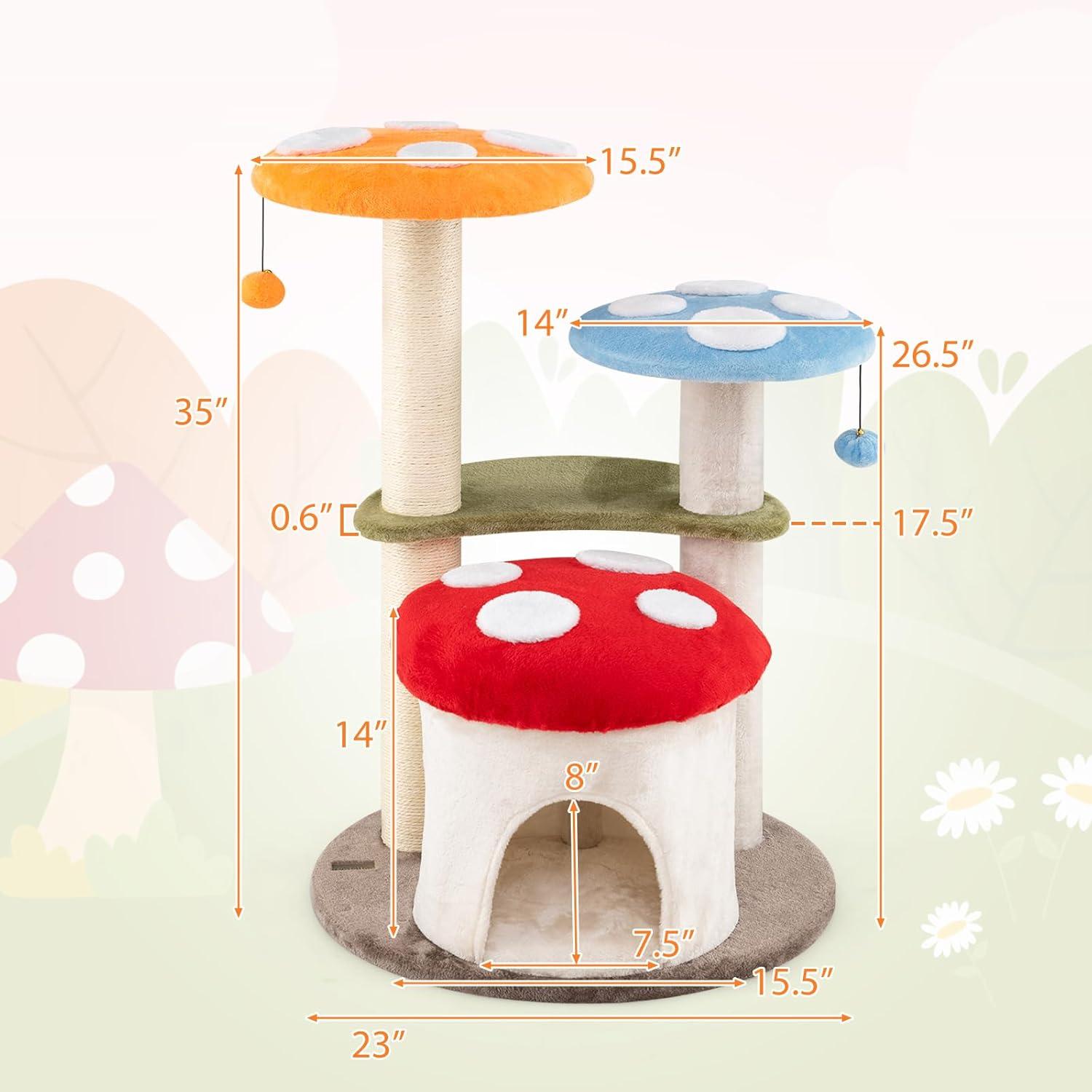 Tangkula Cute Mushroom Cat Tree 35" Tall Cat Tower w/ Sisal Scratching Posts Cat Condo