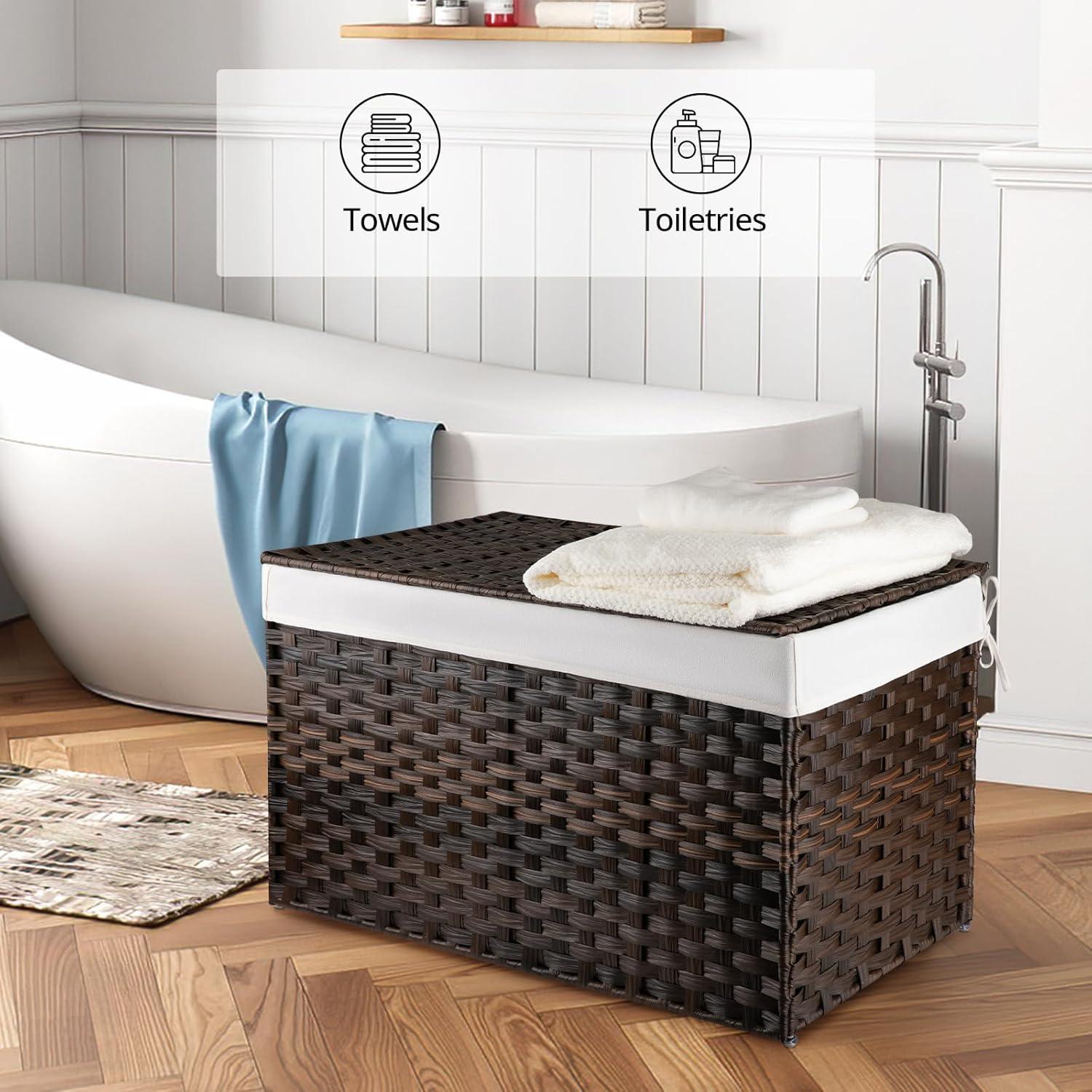 Storage Basket with Lid Wicker Baskets for Storage with 2 Separate Lid 42.3 Gallon (160 L) Rattan Storage Basket with 2 Liners and Handles Woven Storage Basket for Bedroom Laundry Brown