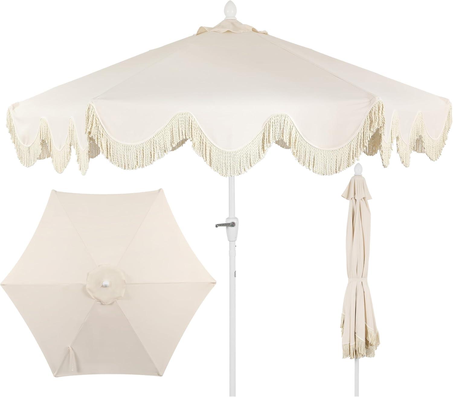 JONATHAN Y Collins 9 ft. Classic Cottage Tassel Market Patio Umbrella with Auto-Tilt, Crank, Wind Vent and UV Protection in Cream