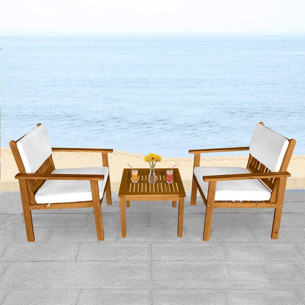 3-Piece Acacia Wood Patio Bistro Set Outdoor Chat Conversation Table Chair Set Outdoor Wood Chat Set with Water Resistant Cushions and Coffee Table Chairs for Beach Backyard Balcony Garden, Natural