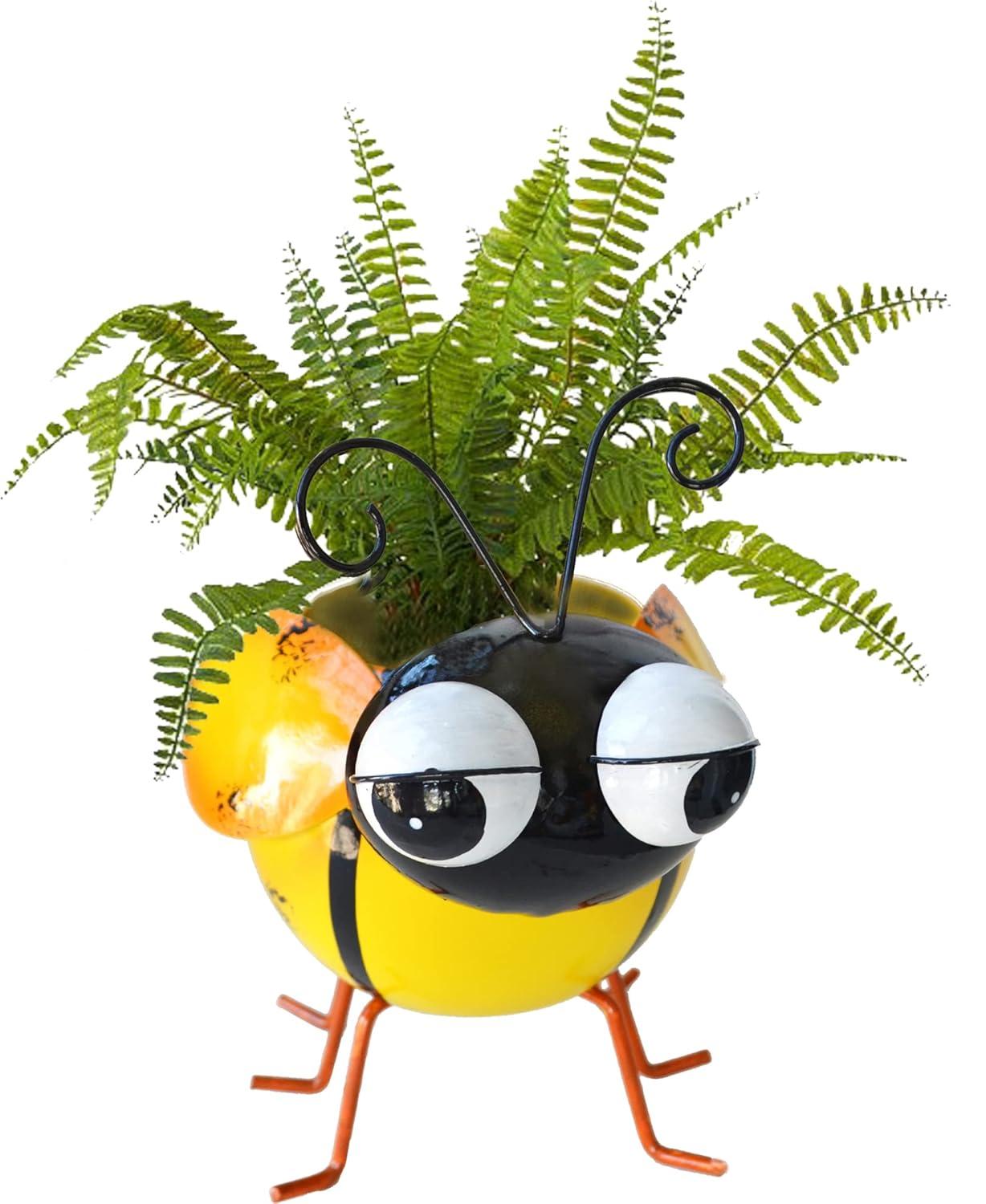 GIFTME 5 Garden Ornaments Planter Pot,Yellow Planters for Indoor or Outdoor,Succulent Planter with Drainage,Metal Cute and Funny Bee Pot Planter(7.5Inch,1pc Bee)