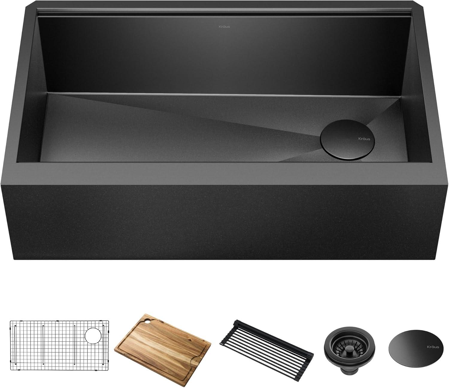 KRAUS Kore™ Workstation 33" L Farmhouse Modern Flat Apron Front 16 Gauge Black Stainless Steel Single Bowl Kitchen Sink