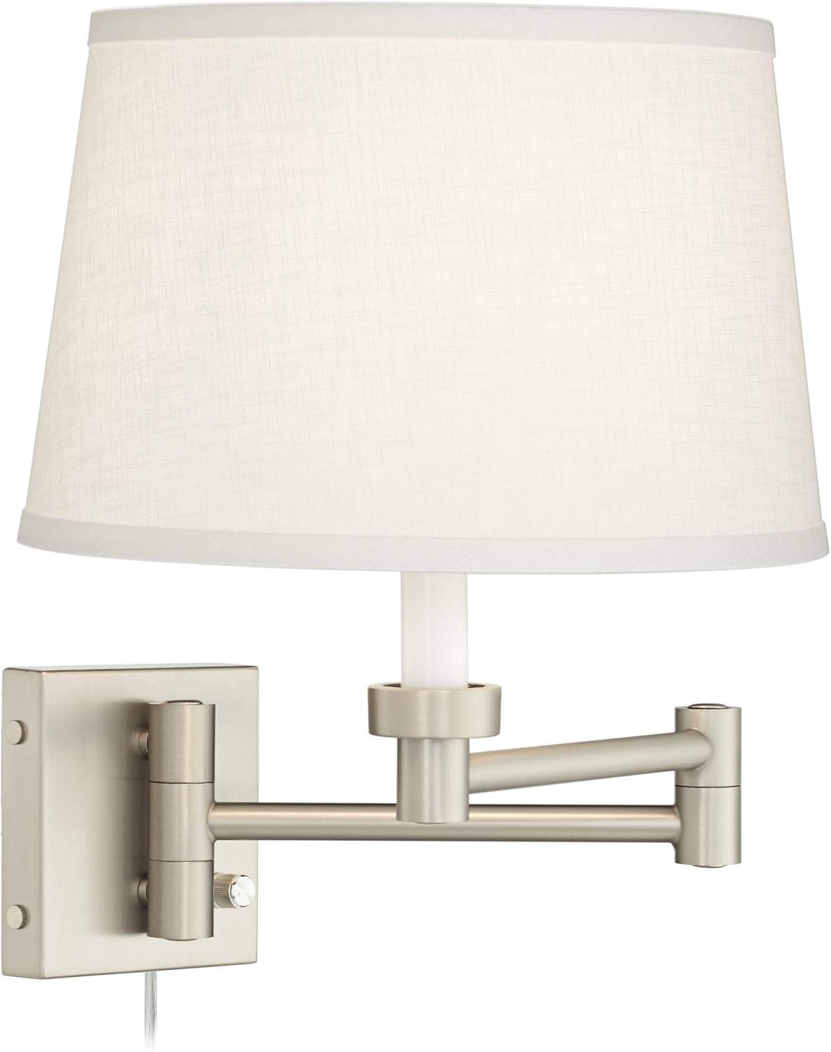 Possini Euro Design Modern Swing Arm Wall Lamps Set of 2 Brushed Nickel Plug-In Light Fixture White Drum Shade for Bedroom Bedside