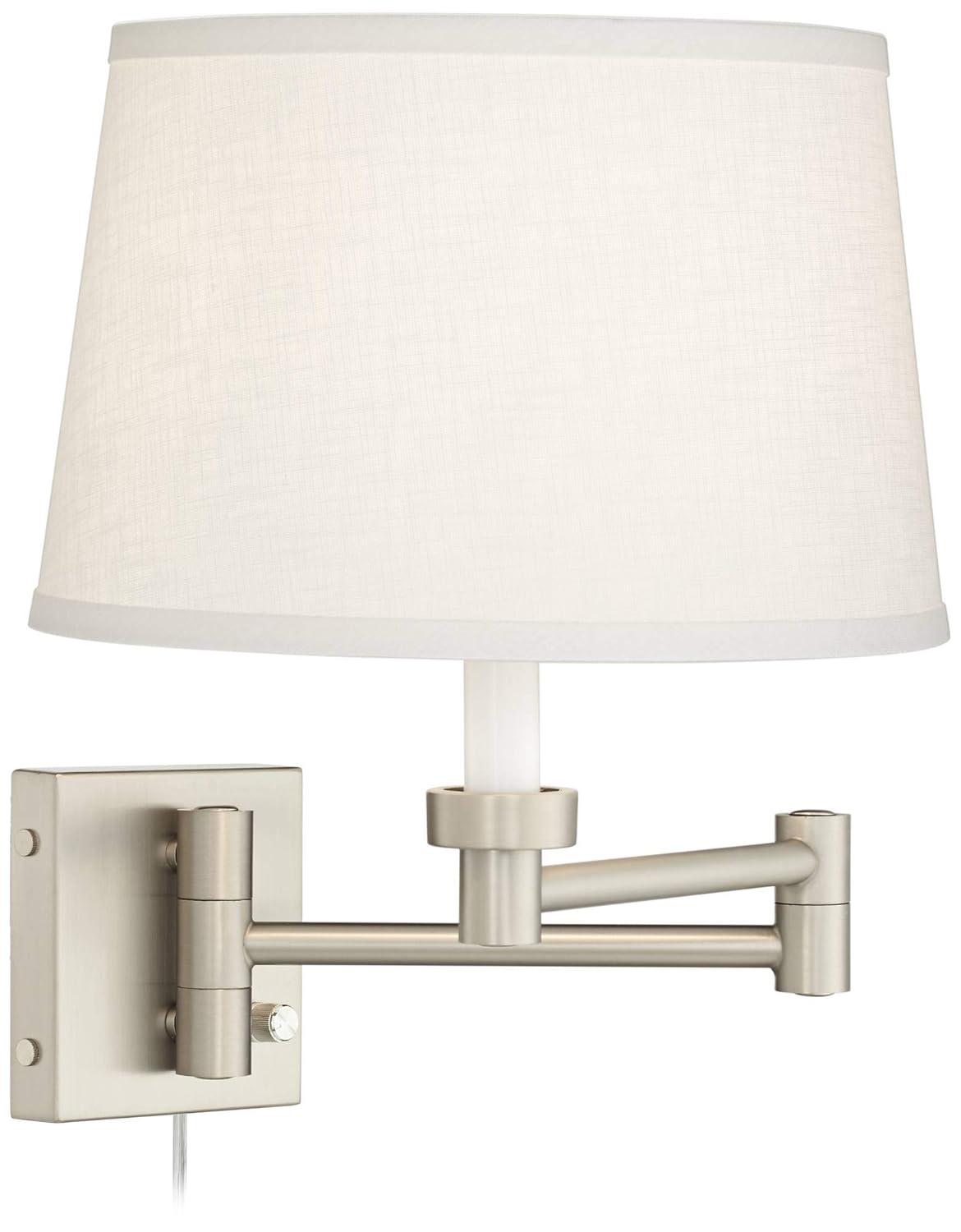 Possini Euro Design Modern Swing Arm Wall Lamps Set of 2 Brushed Nickel Plug-In Light Fixture White Drum Shade for Bedroom Bedside