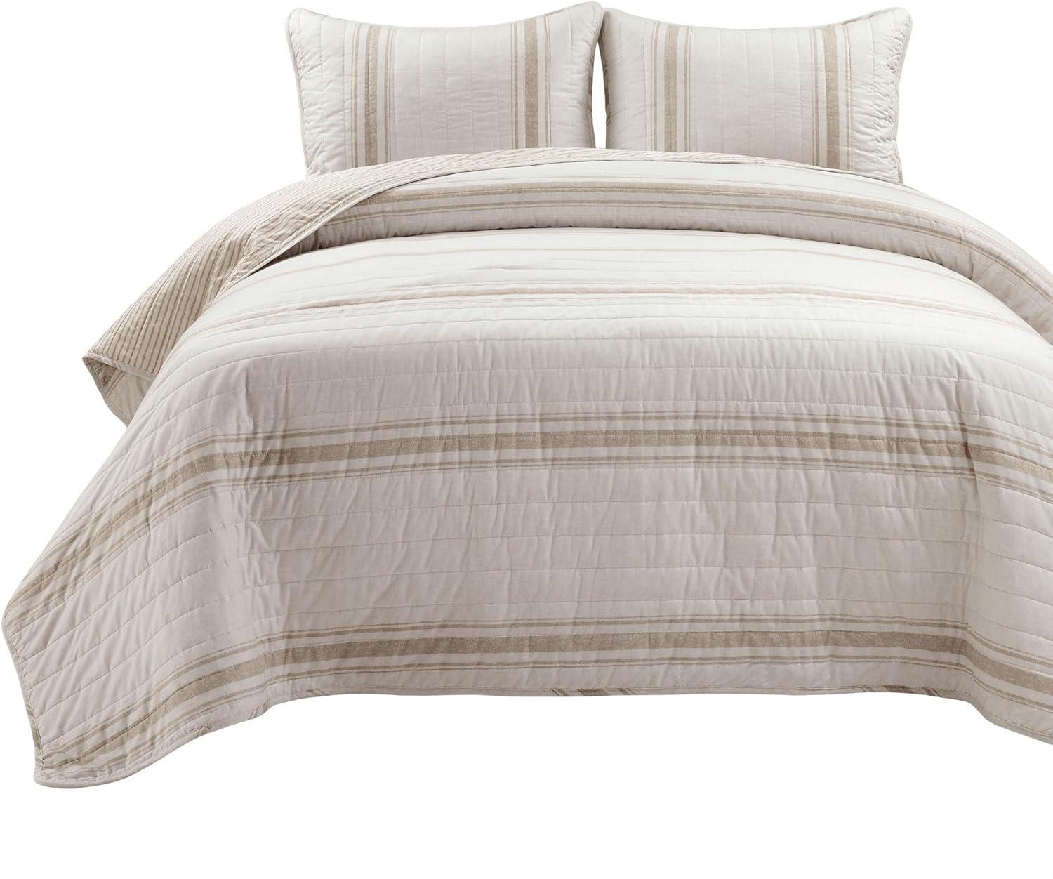 3pc Full/Queen Farmhouse Striped Reversible Quilt Bedding Set Beige - Lush Décor
