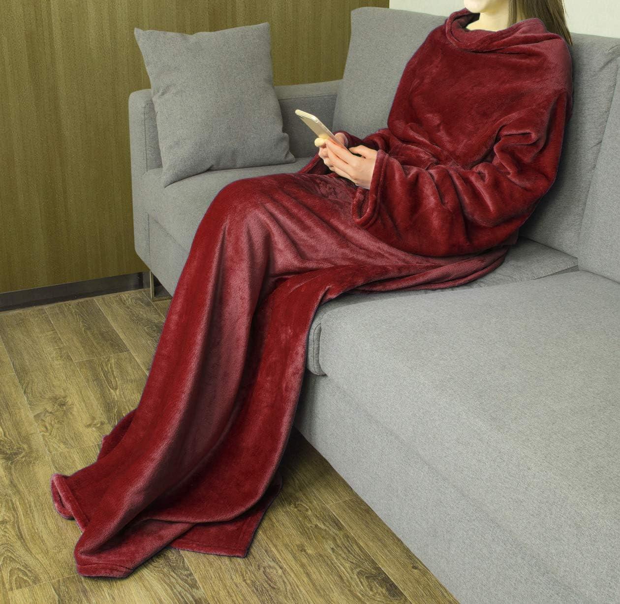 Wine Fleece Wearable Blanket with Sleeves and Pocket