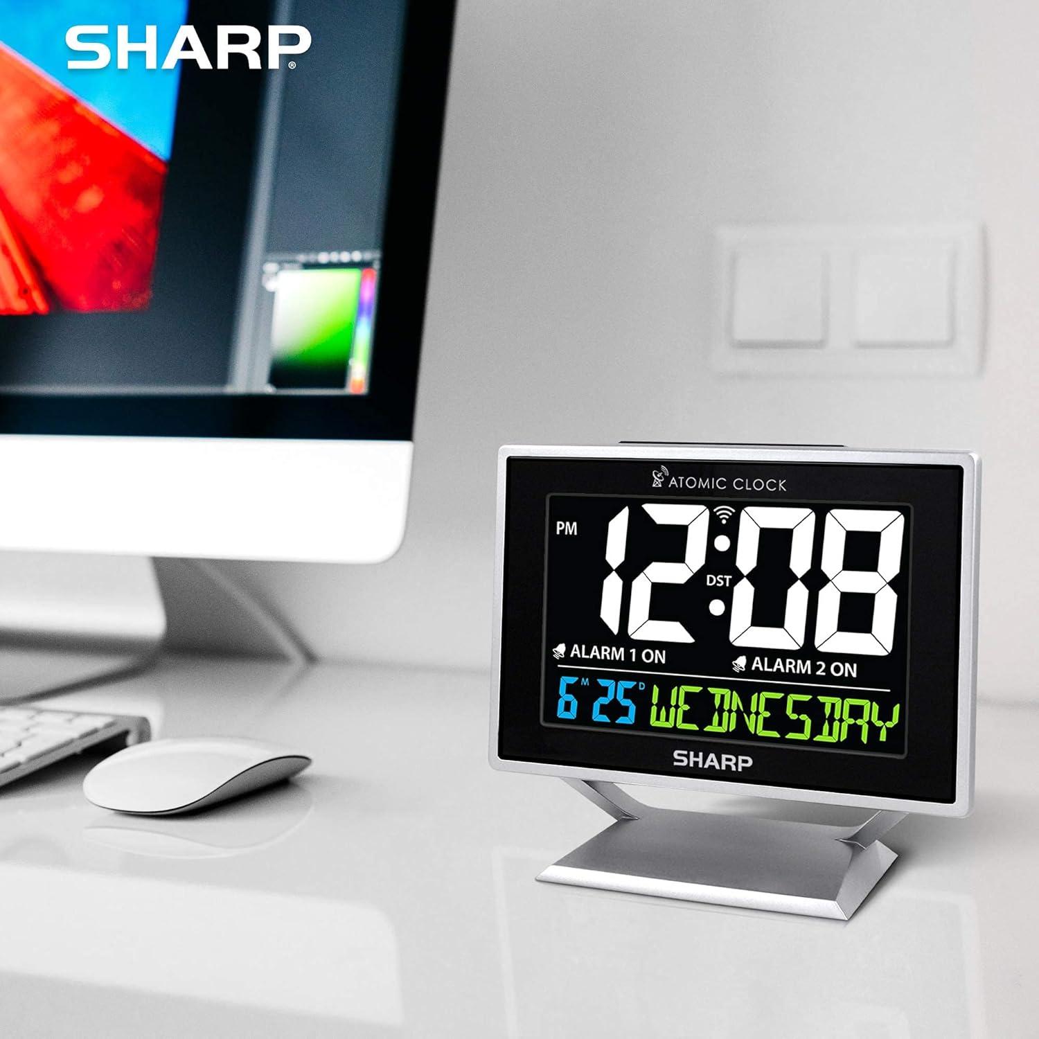 Sharp Digital Atomic Alarm Clock Color Display Atomic Accuracy Day of Week Time/Date Silver