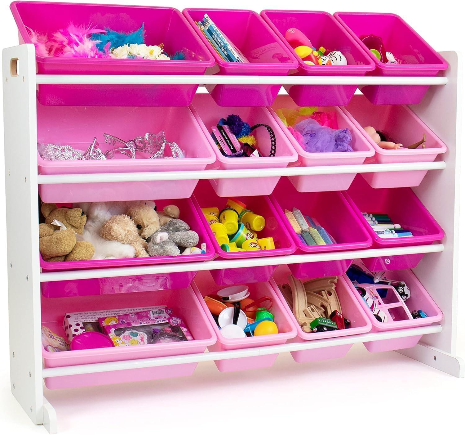 Humble Crew Molly Supersized Toy Storage Organizer with 16 Plastic Storage Bins, White/Pink