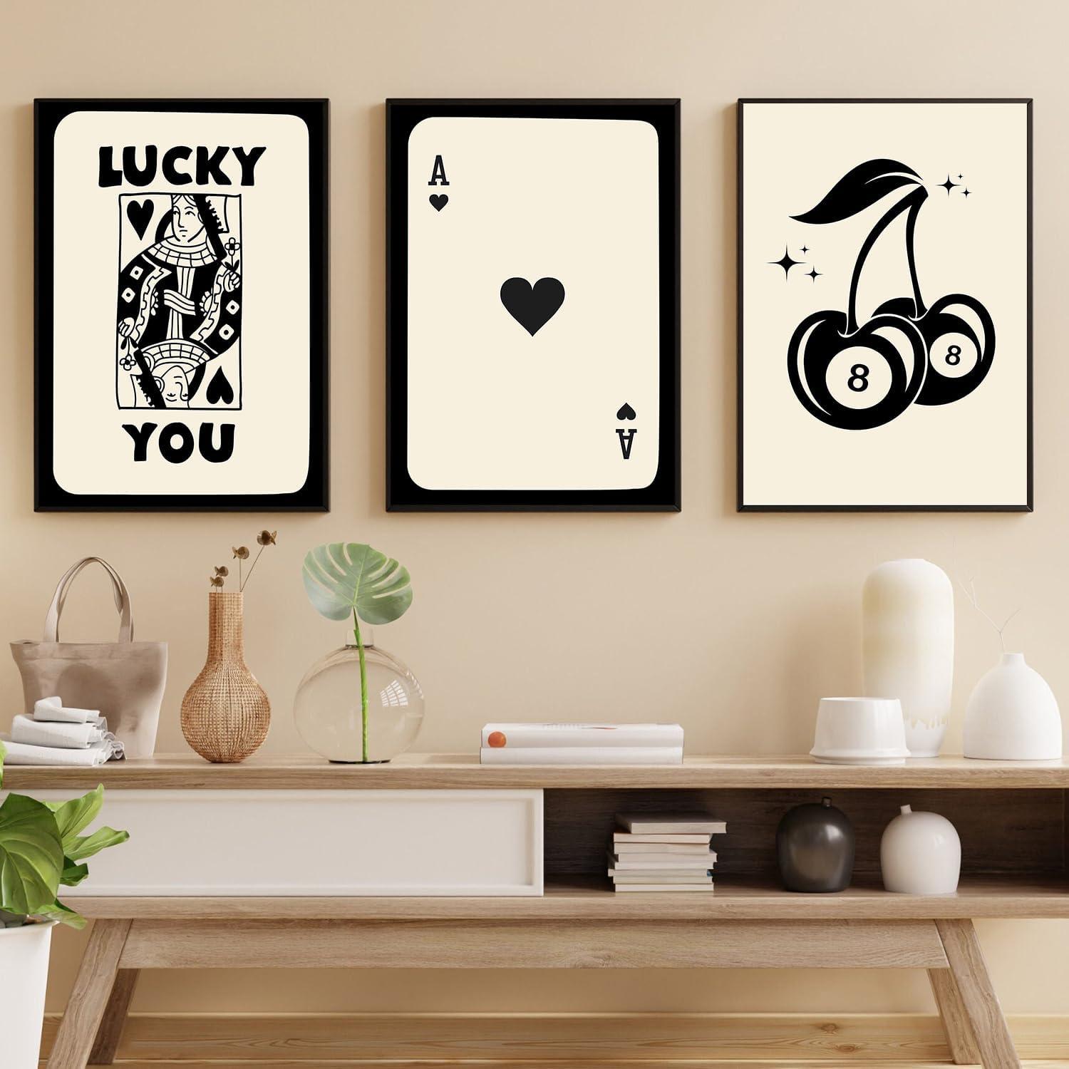 3 Piece Trendy Retro Feeling Lucky You Poster Funky 8 Ball Dice Cherry Canvas Wall Art Queen Poker Prints Poster for Room Aesthetic Girl Dorm Bedroom Wall Decor Trendy Set of 3 Unframed 12x16Inch