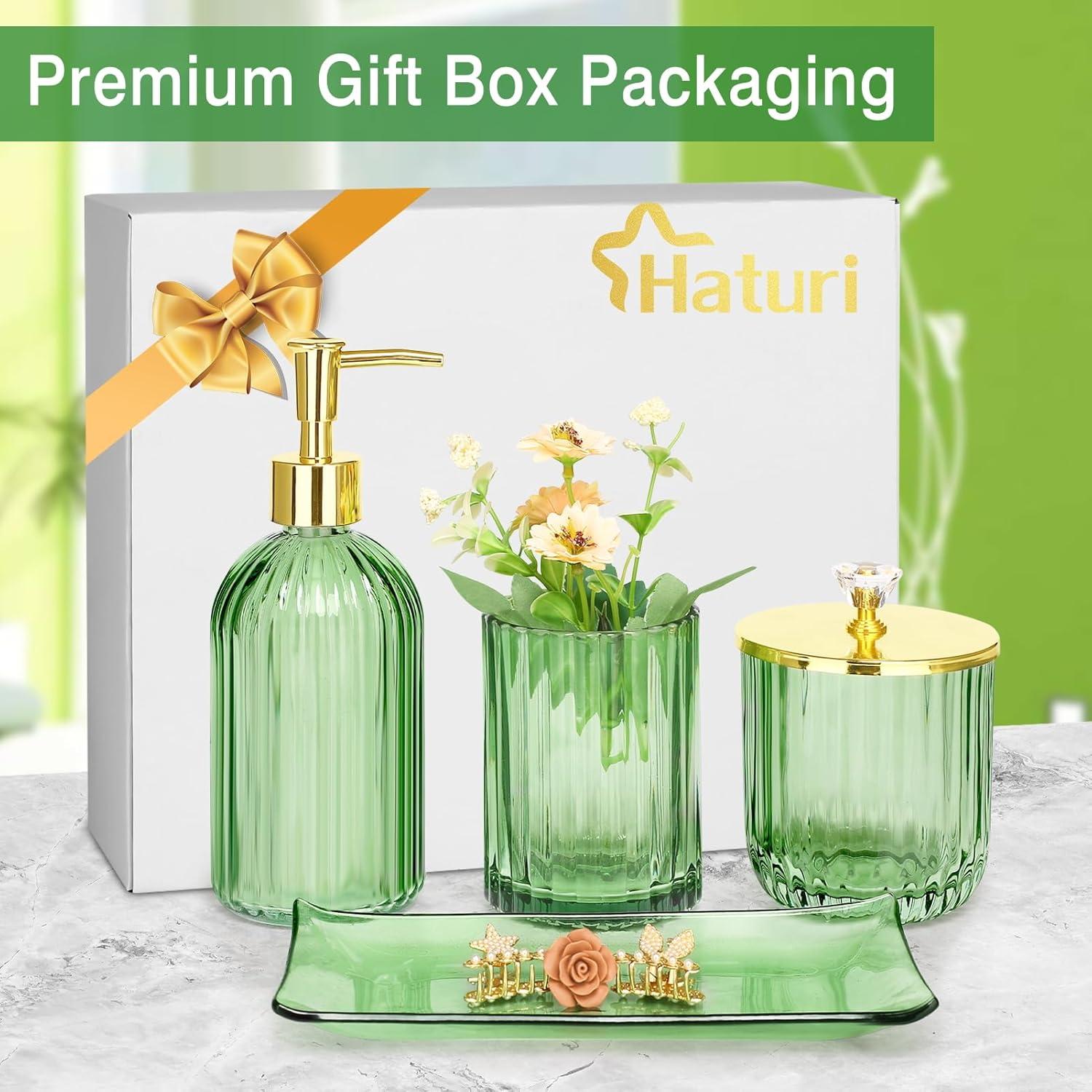 Green Glass Bathroom Accessories Set with Gold Accents, 4 Pieces