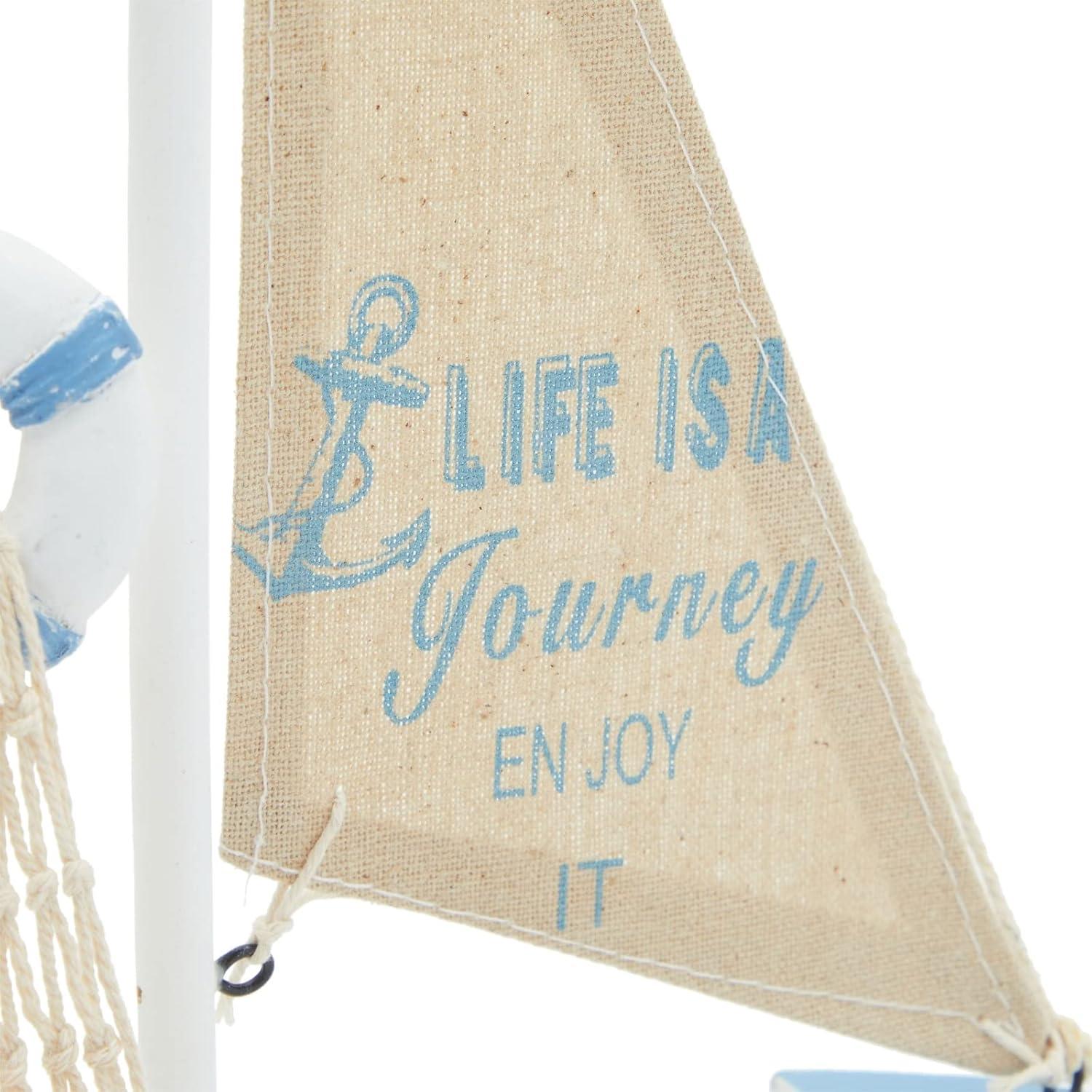 Life is A Journey, Enjoy It Wooden Sailboat Model with Flag, Net, Starfish, and Floating Tube for Nautical Home and Bathroom Boat Decor, Countertop, Shelf (13x8x3 in)