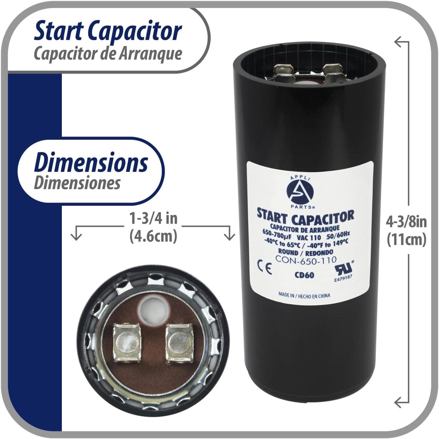 Appli Parts motor start capacitor 650-780 Mfd (microfarads) uF 110-125 VAC universal fit for electric motor applications 1-3/4 in Wide 4-3/8 in Height CON-650-110