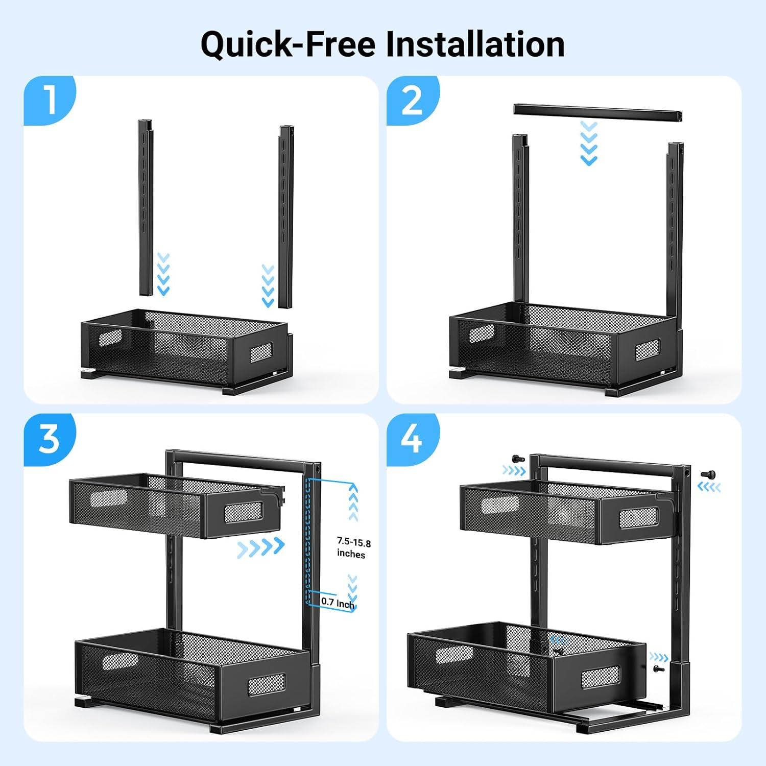 2-Tier Metal Under Sink Organizer, Pull Out Smoothly Under Kitchen Sink Organizer with Track, Large Capacity Heavy Load Under Sink Storage for Kitchen and Bathroom