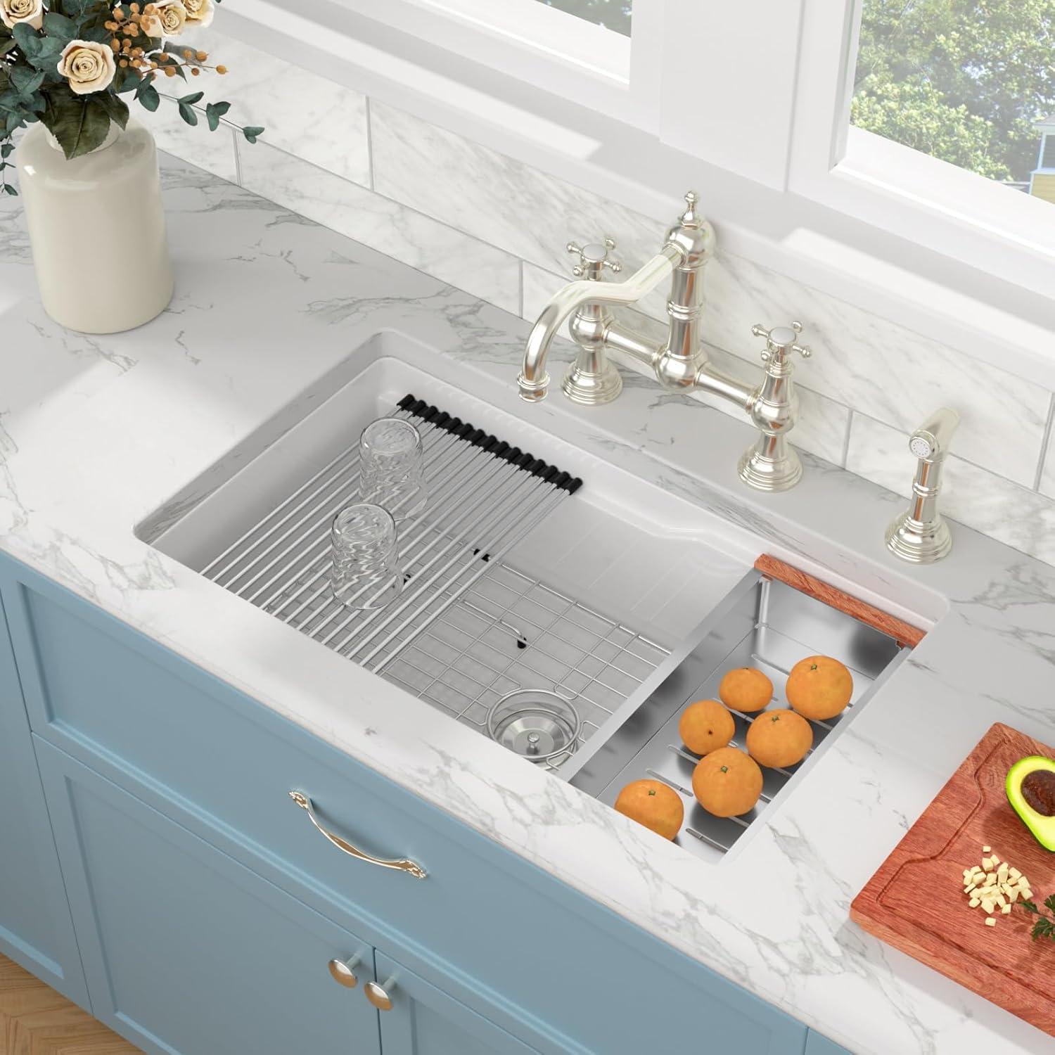 Sarlai White Workstation Kitchen Sink 32 Inch White Undermount Kitchen Sink Ceramic Sinks Drop In Single Bowl Ledge Workstaion Topmount Fireclay Basin 32 x19 x10 Inch