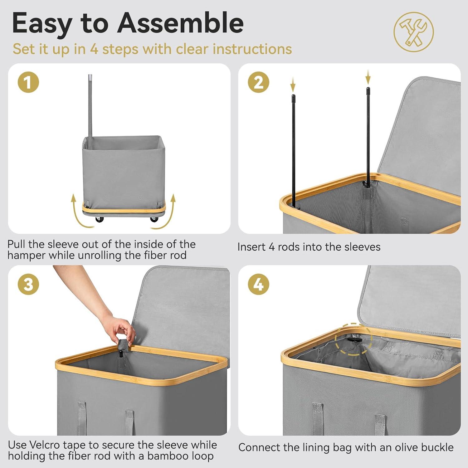 Efluky Laundry Basket with Lid and Removable Bag, 100L Tall Laundry Hamper with Bamboo Handles, Aesthetic Dirty Clothes Bin for Laundry Room, Bathroom, Bedroom and Dorm,Grey