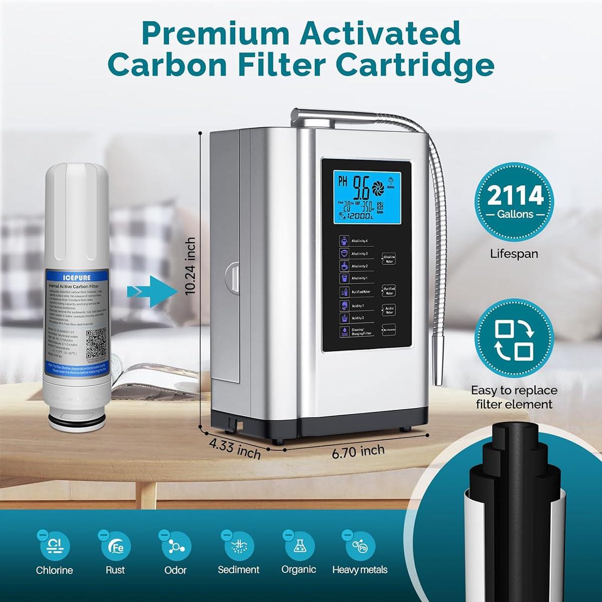 AquaGreen Alkaline Water Ionizer Machine AG7.0, Home Filtration System Produces pH 4-10.5 Water, 7 Water Settings, Up to -570mV ORP, 8000L Per Filter, Silver