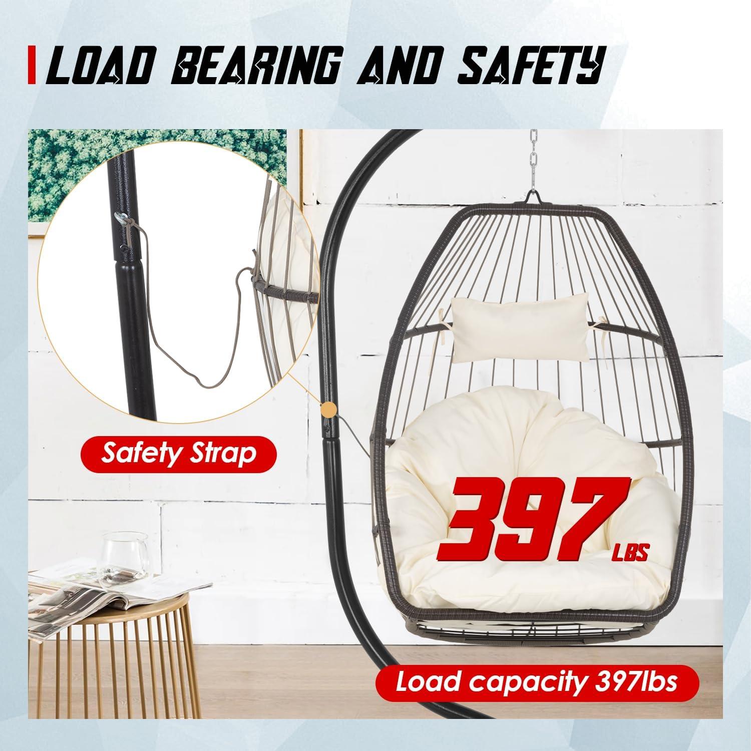 FDW Egg Hanging Chair with Stand Hammock Chair Hanging Patio Swing Chair UV Resistant Cushion for Indoor Bedroom Outdoor Garden Backyard Balcony(Tan)