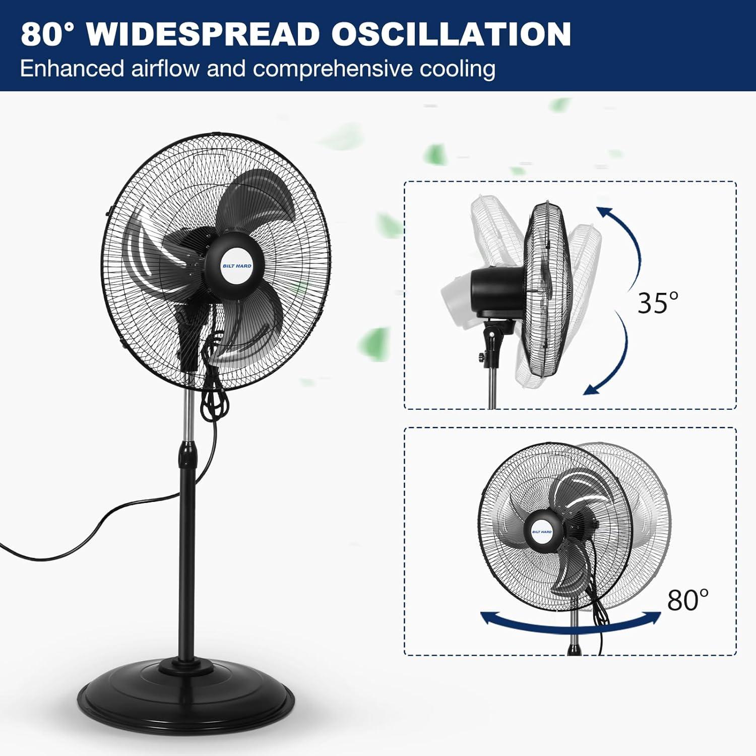 BILT HARD 3900 CFM 18" High Velocity Pedestal Oscillating Fan, 3-Speed Heavy Duty Metal Standing Shop Fan with Aluminum Blades for Commercial, Residential, and Garage, UL Listed