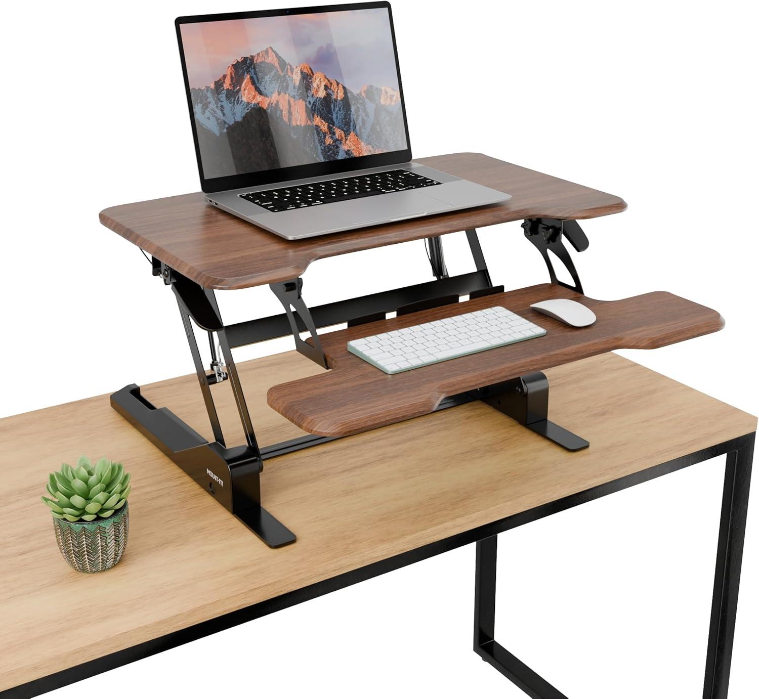 Mount-It! Compact Standing Desk Converter with 30" Desktop, Dark Walnut Woodgrain