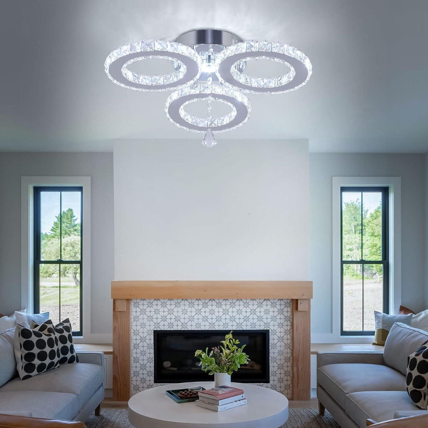 LED Crystal Pendant Ceiling Light 13x3.5 Inches 3 Rings Crystal Chandelier Flush Mount Lighting Fixture for Bedroom Hobby Living Room (Cool White)