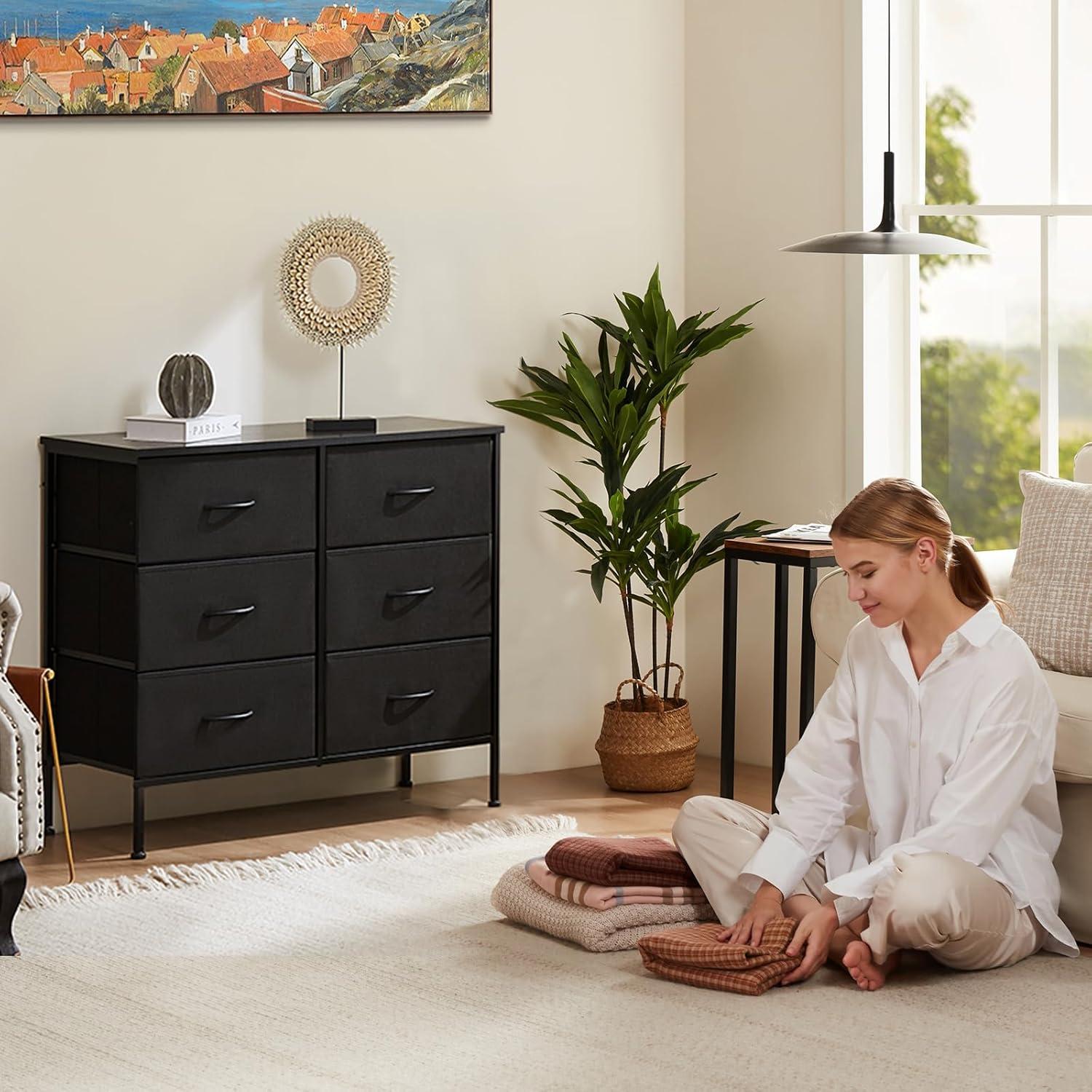 Black Metal Frame 6-Drawer Fabric Dresser with Wooden Top