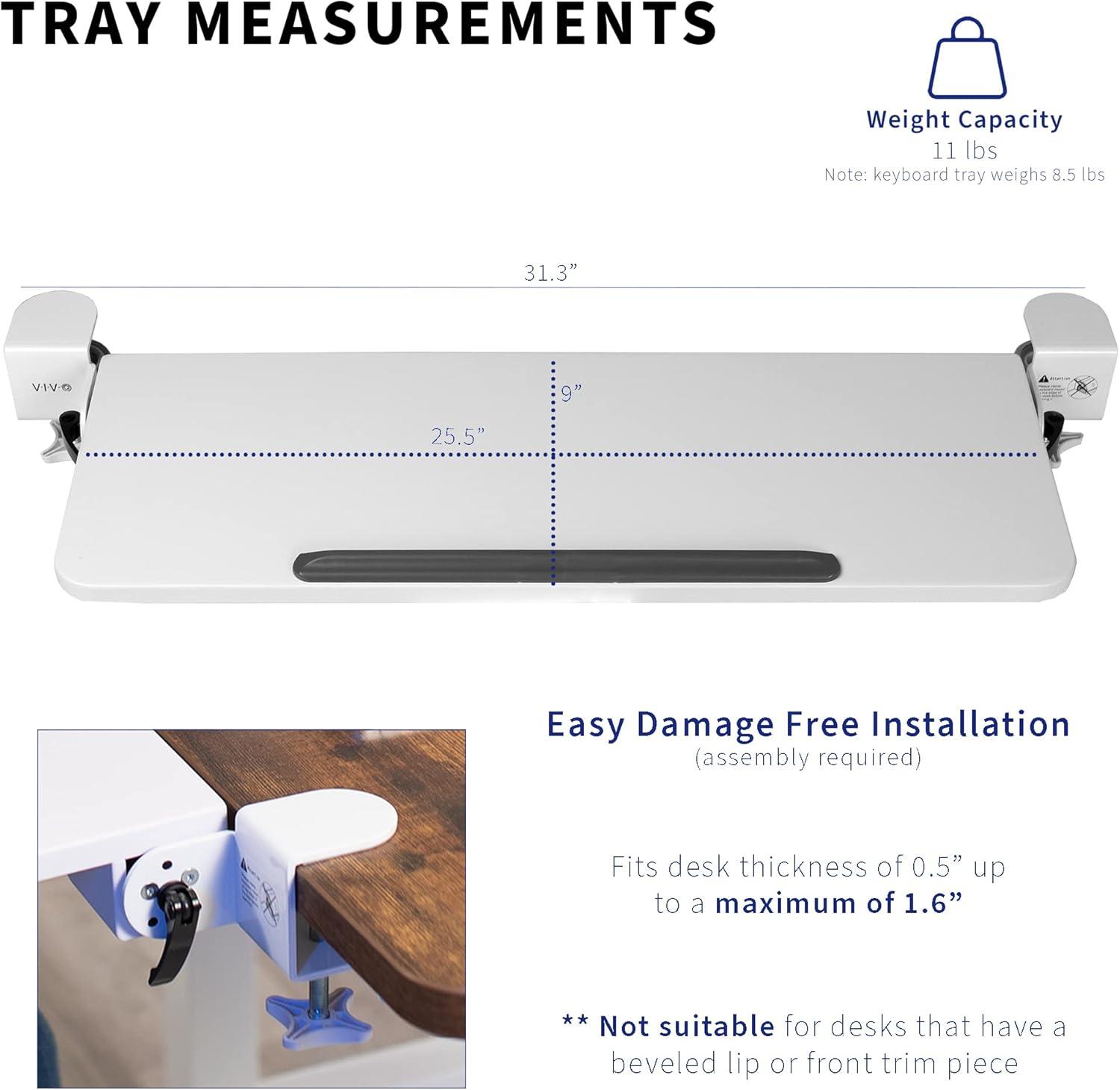 VIVO Clamp On Tilting Keyboard Tray, 26 (31 Including Clamps) x 9 inch Extension Platform for Typing and Mouse Work, Elbow and Arm Support Rest, White, MOUNT-KB06HW