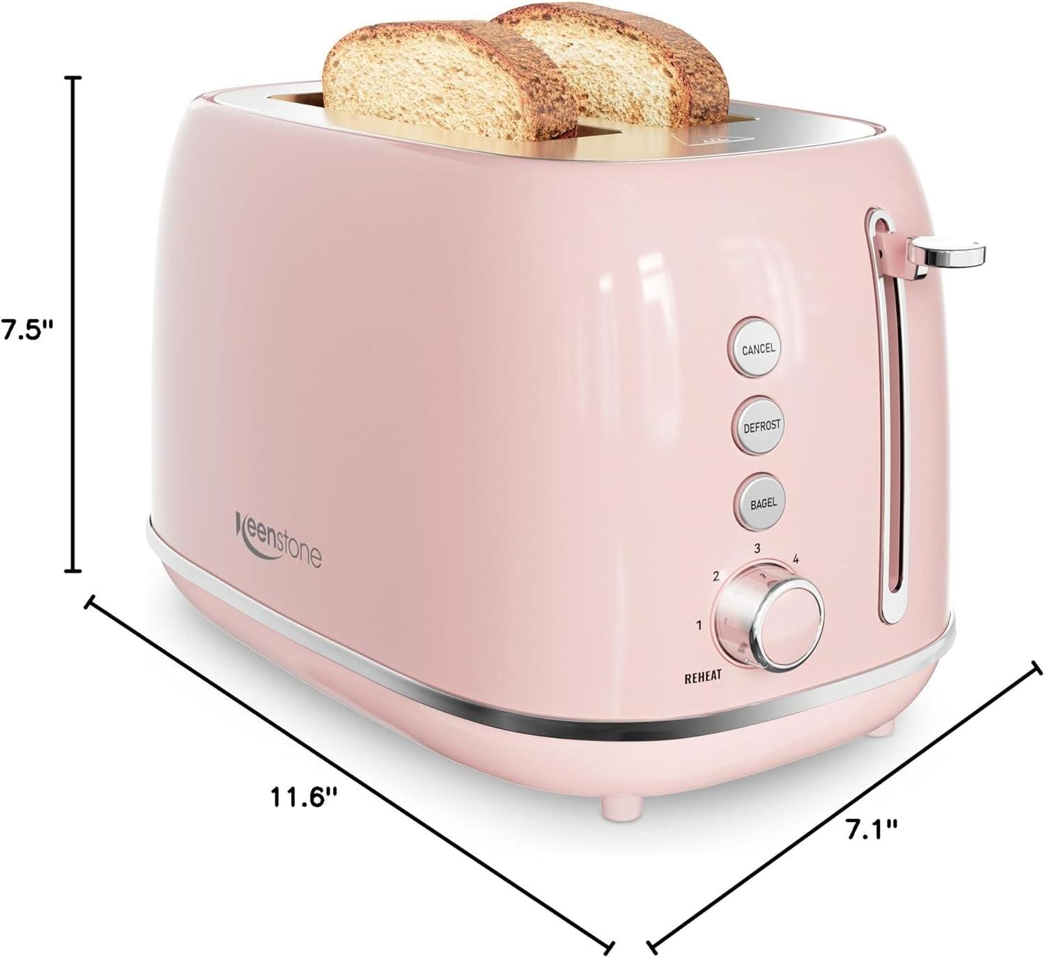2 Slice Toaster Retro Stainless Steel Toaster with Bagel, Cancel, Defrost Function and 6 Bread Shade Settings Bread Toaster, Extra Wide Slot and Removable Crumb Tray (Pink)