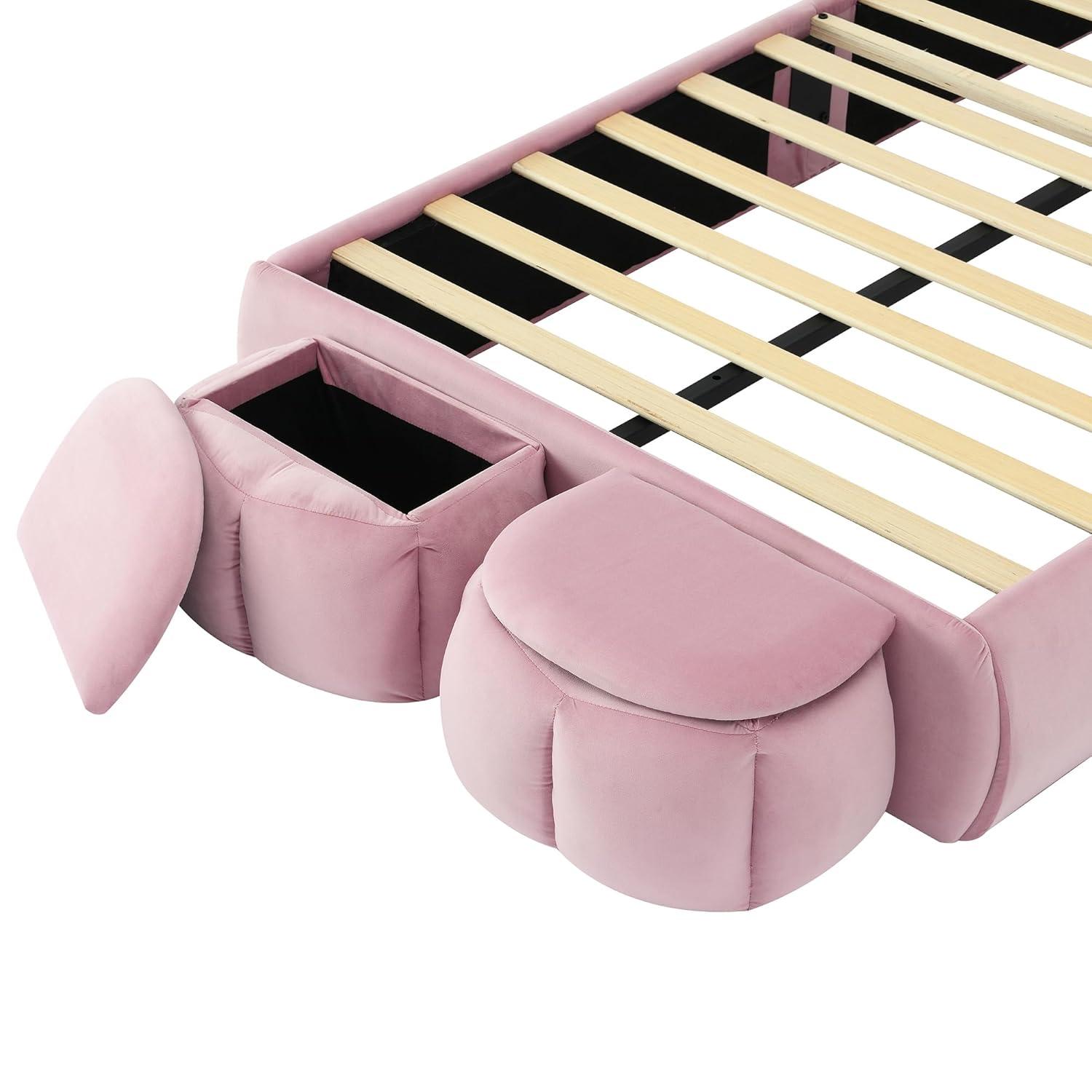 Sesslife Twin Bed Frame for teens, Upholstered Bed Frame with 2 Storage Stools and LED Light, Cute Bed Frame with Rabbit-Ears Shaped Headboard, Cartoon Twin Bed Frame, No Box Spring Needed, Beige