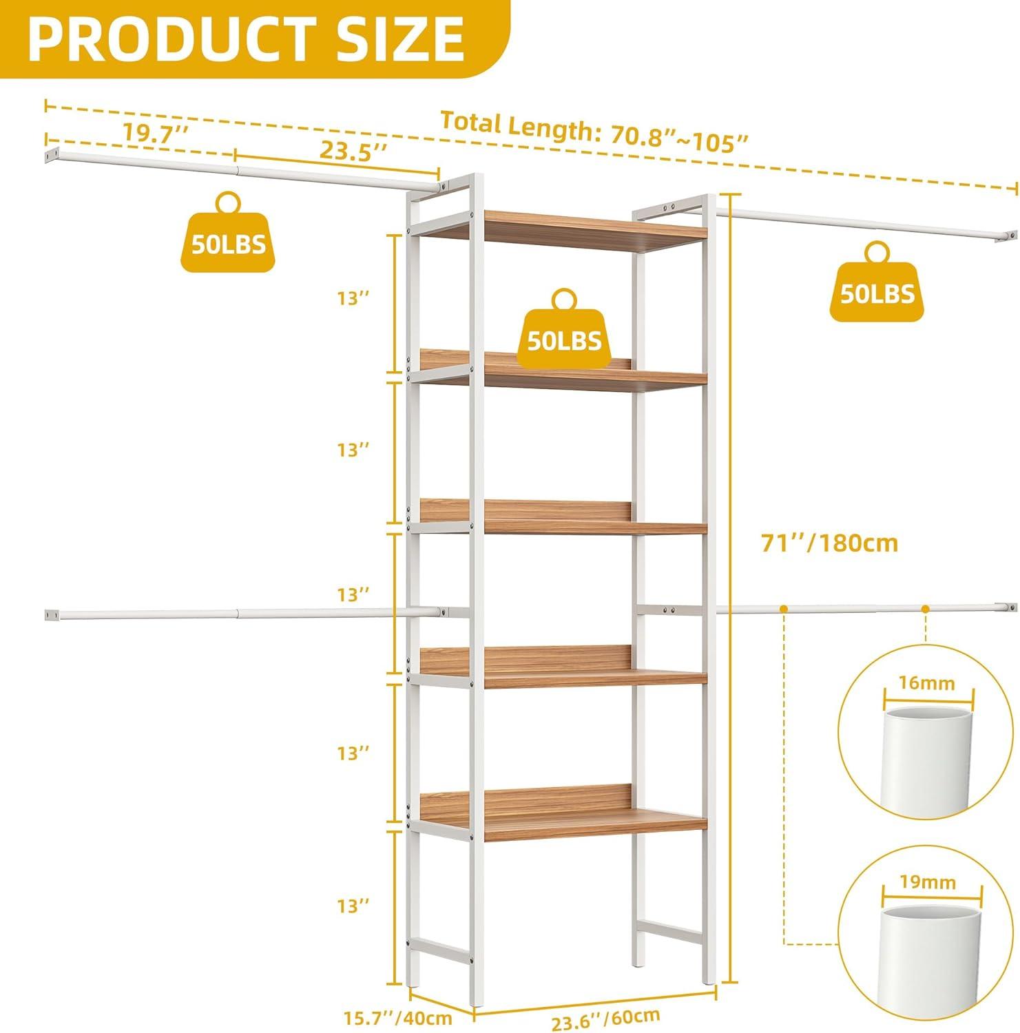 DWVO Bedroom Armoires Heavy Duty Garment Rack Walk in Closet Organizer System Kit, 4 Expandable Hanger Rods 5-Tier Wood Closet Storage Shelves with Backplane, Fits 6-9 ft Space, White