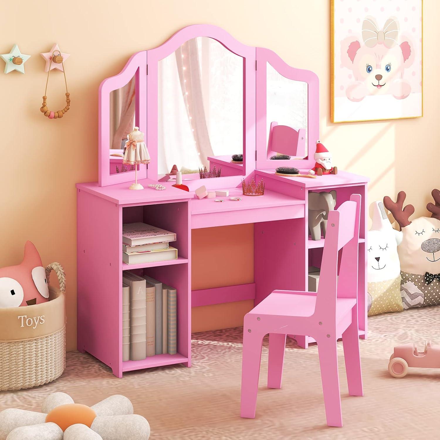 KORIMEFA Kids Vanity, Girls Vanity With touch Light Detachable Tri-Folding Mirror, Open Storage Shelves, Wood Makeup Playset with Chair, Princess Vanity Table for Toddlers, Pink