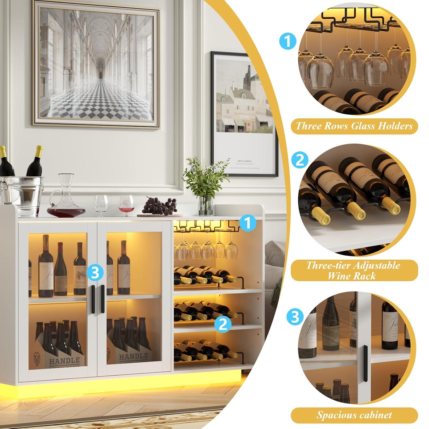 Brayden Studio® Wine Bar Cabinet with LED Lights, Floating Coffee Bar with Glass Rack and Removable Wine Racks, Modern Buffet Sideboard with Storage Shelves, Kithchen Bar with Glass Cabinet Doors, White