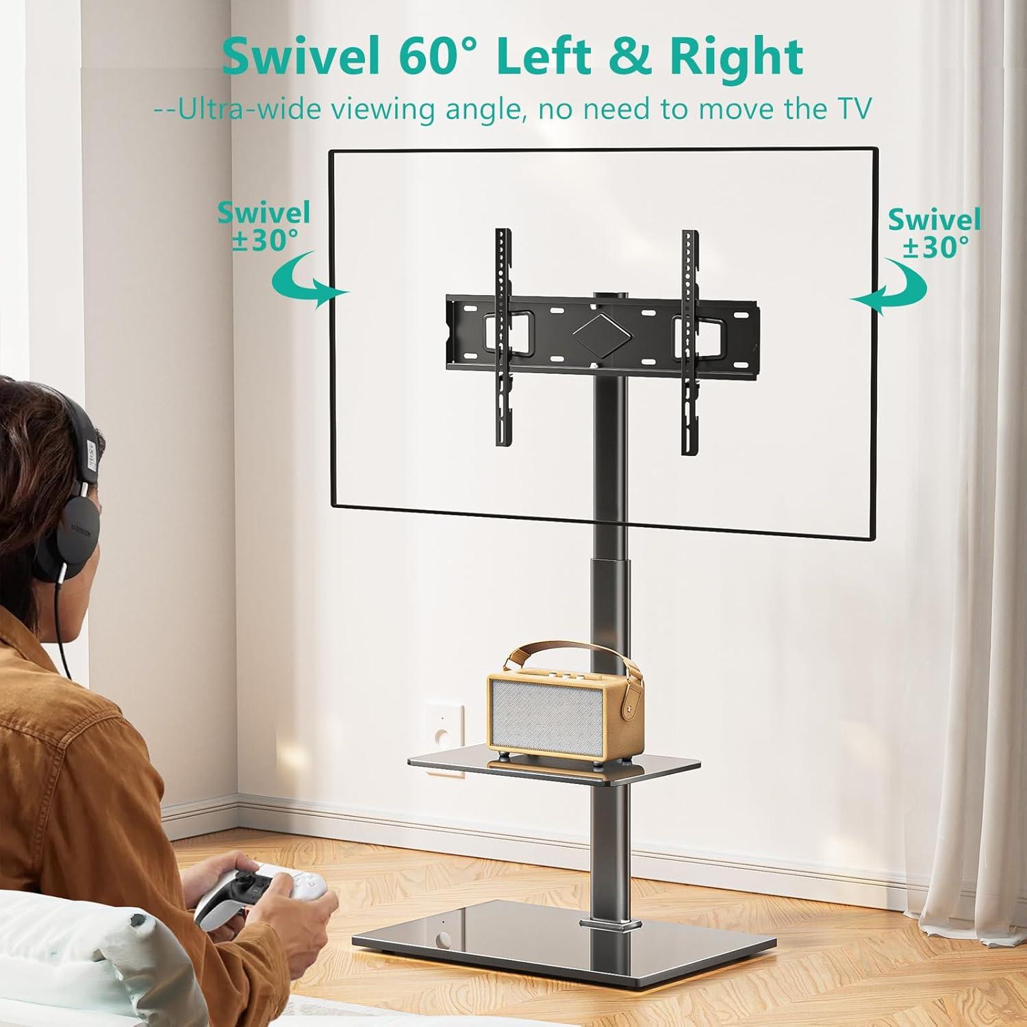 Black Adjustable Floor TV Stand with Tempered Glass Base and Shelf