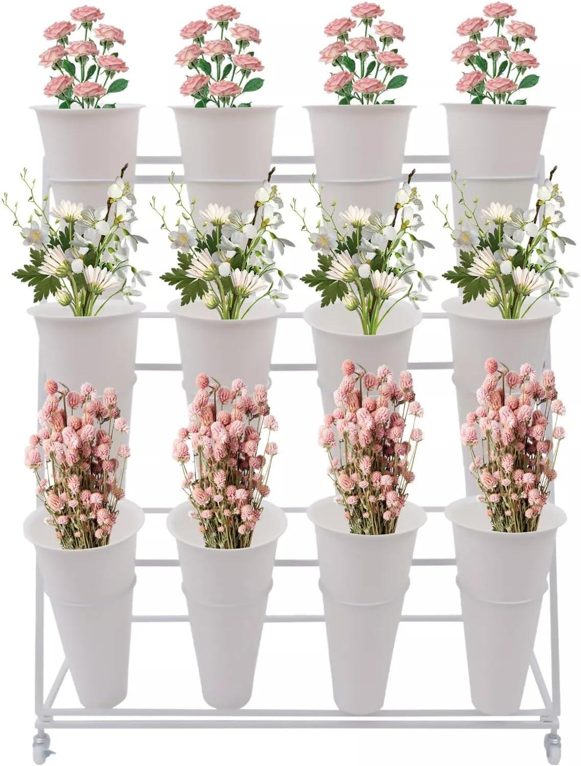 White Flower Display Stand with 12Pcs Buckets, 3 Layers Metal Plant Stand, Moving Florist Bouquet Shelf for Fresh Flower Shop,Patio Garden, Outdoor Flower Pop-up Events