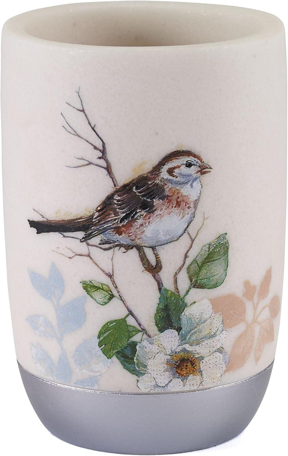 Ivory Resin Bird and Branch Tumbler with Metallic Border