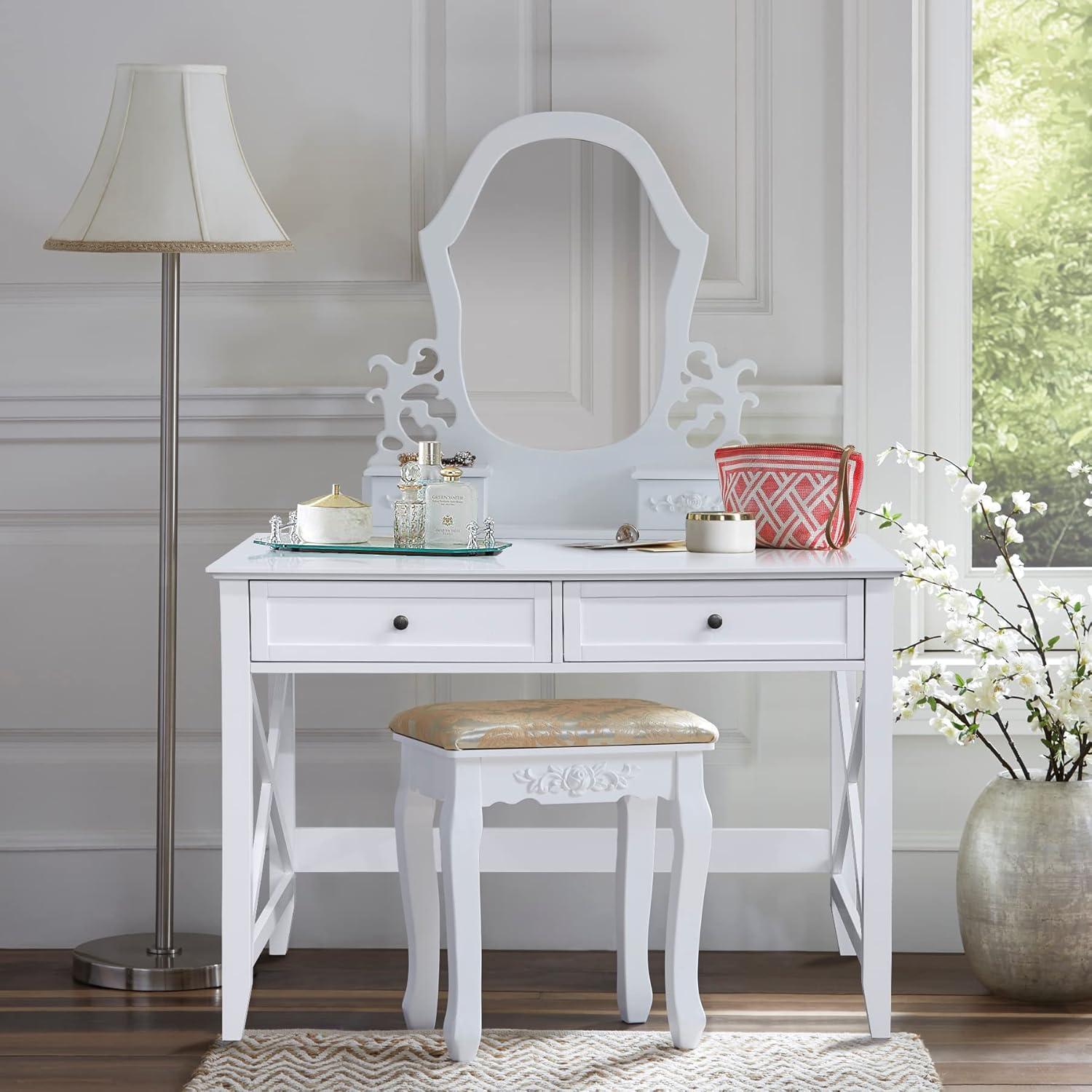 White Computer Desk with 2 Drawers, Modern Makeup Vanity Desk with Storage, Writing Desk for Home Office, 42'' Long Study Simple White Desk for Bedroom Console Table Living Room