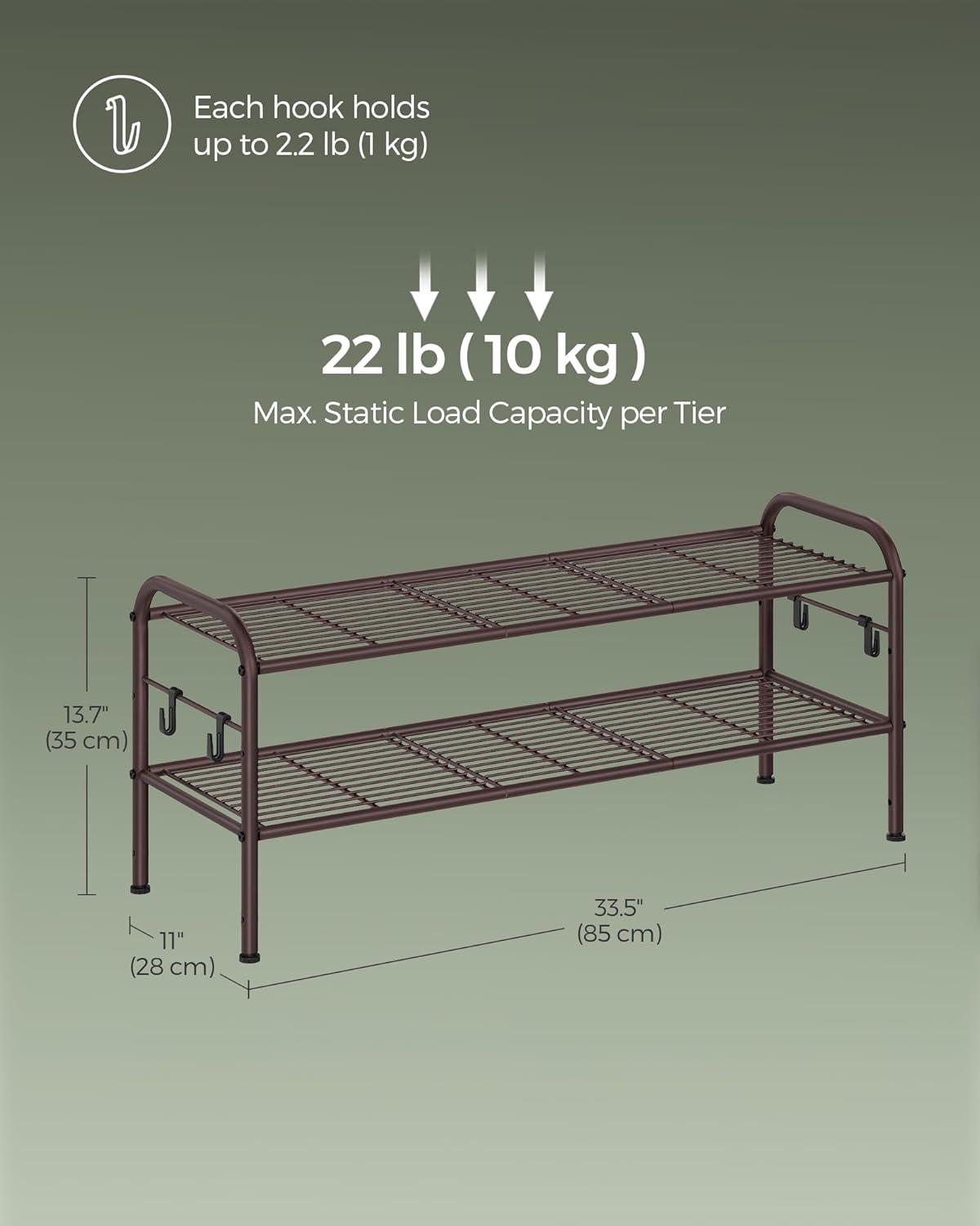 Chestnut Brown 2-Tier Metal Shoe Rack with Hooks