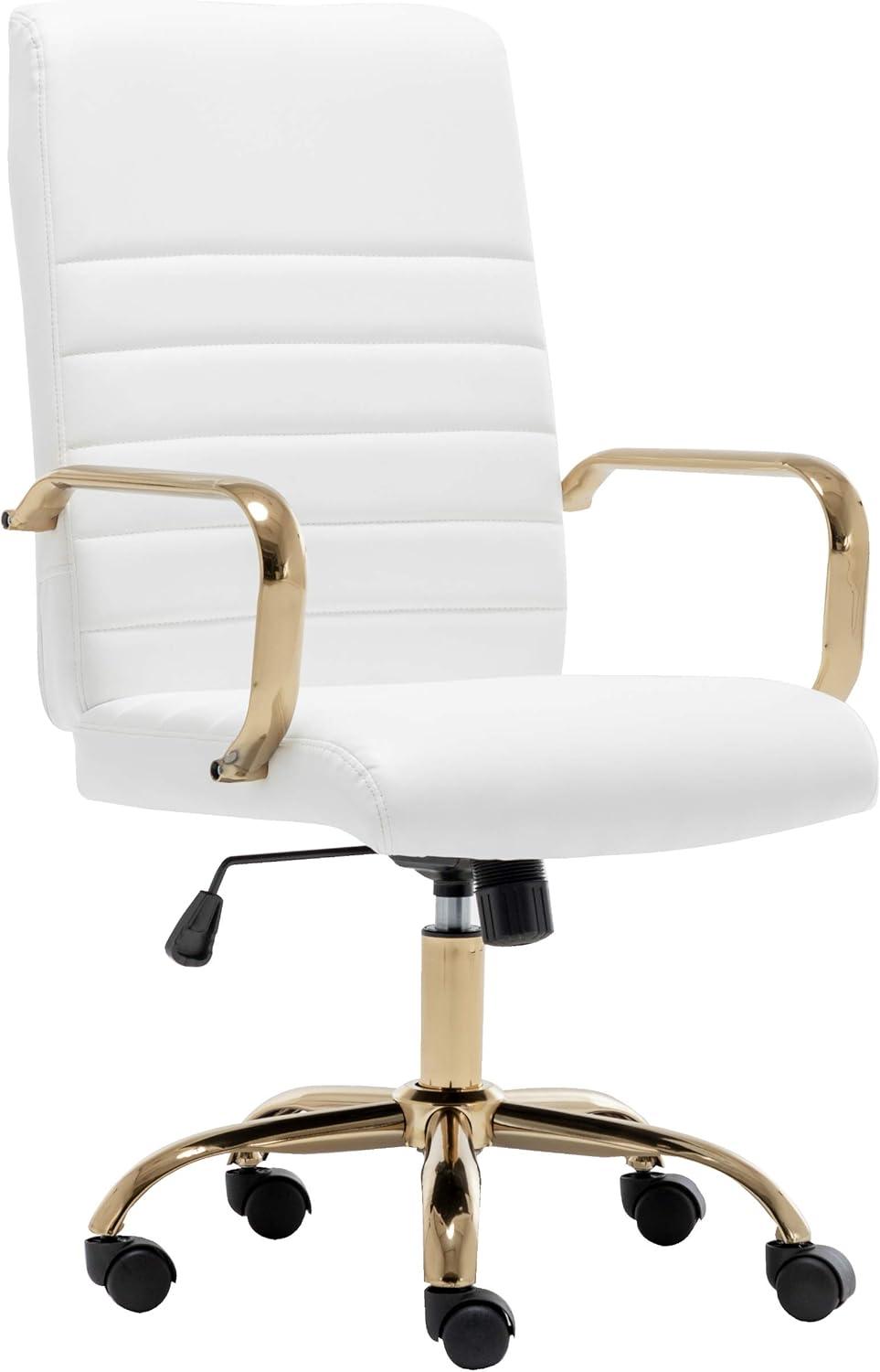 White Faux Leather Ergonomic Swivel Office Chair with Gold Metal Frame