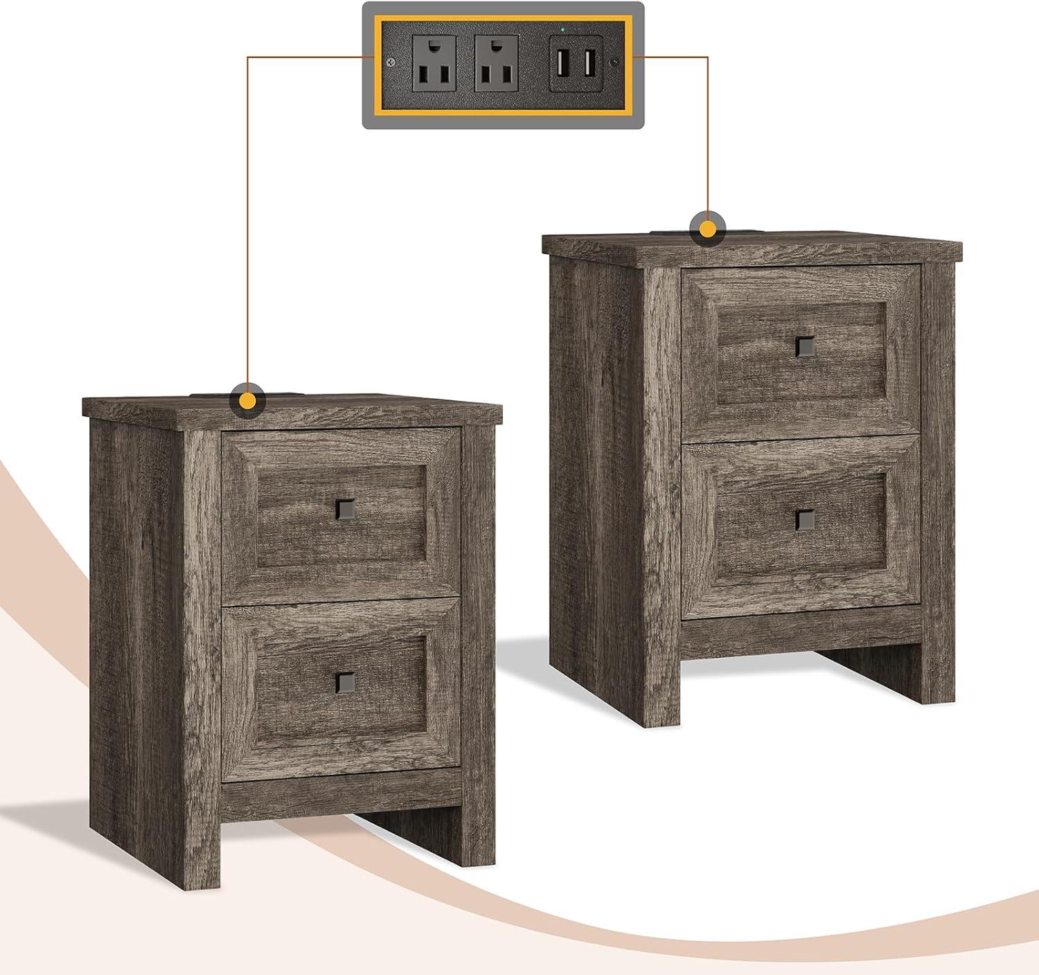 Merluxy Nightstand Set of 2 with Charging Station, Wood End Table with 2 Drawers Storage Cabinet Grey