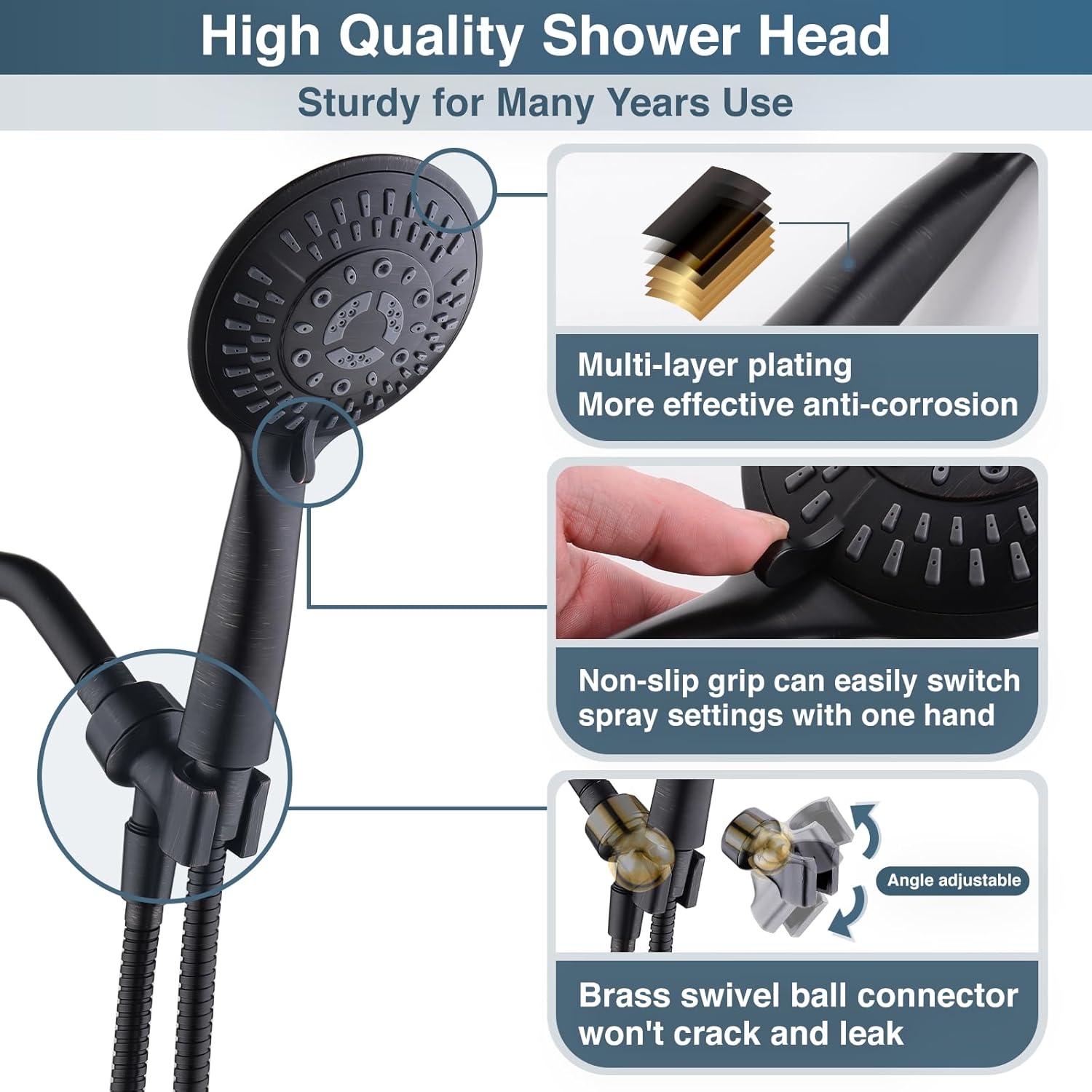 BRIGHT SHOWERS 9 Spray Settings Handheld Shower Head Set High Pressure Oil-Rubbed Bronze Hand Held Showerhead with 60 Inch Flexible Shower Hose and Adjustable Shower Arm Mount Bracket