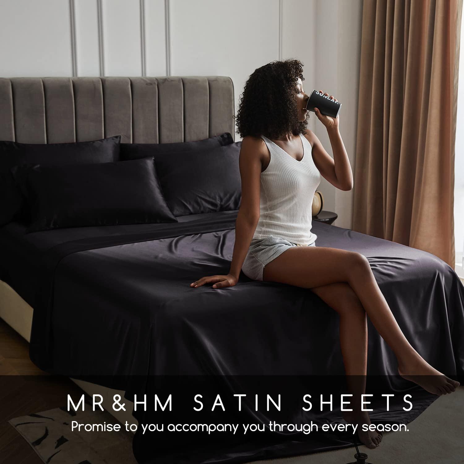 MR&HM Satin Sheet Set Queen 4 Pcs, Silky Elegant Luxurious Queen Size Bed Sheets, with Flat Sheet, Deep Pocket Fitted Sheet for Mattress and Matching Satin Pillow Cases (Queen Size, Black)